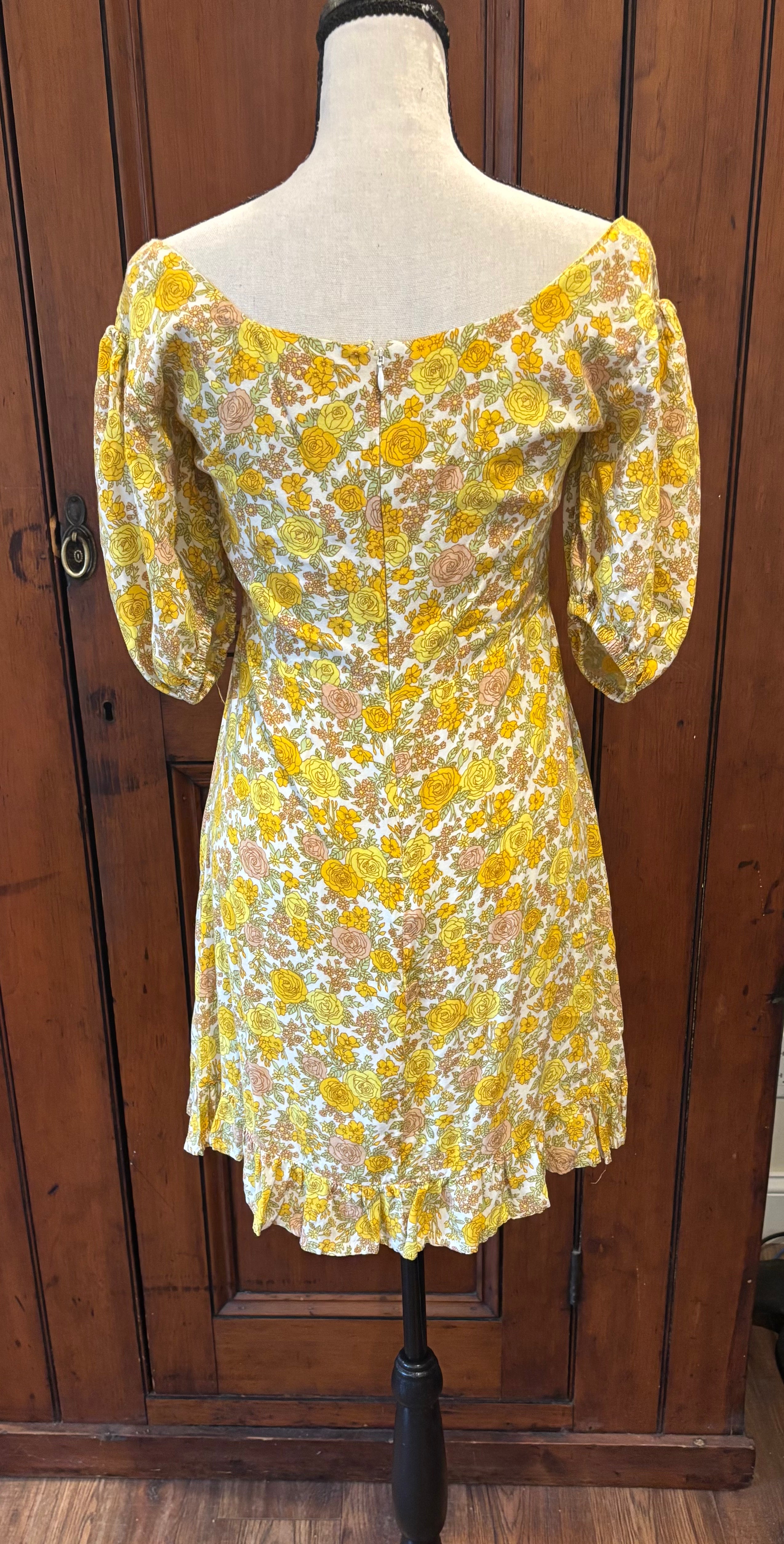 Faithfull yellow floral dress back view pre-loved dresses like new Sassy and Chic