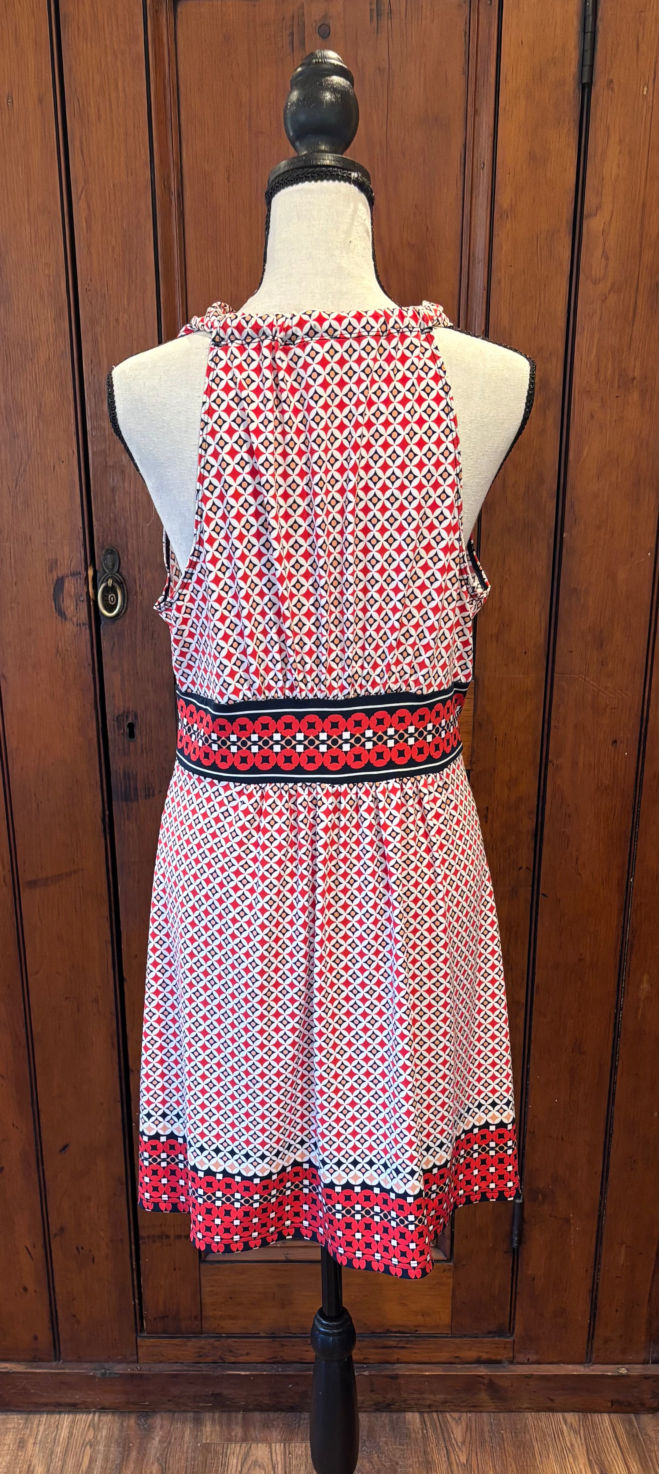 Max Studio red geometric print dress back view thrifted dresses like new Sassy and Chic