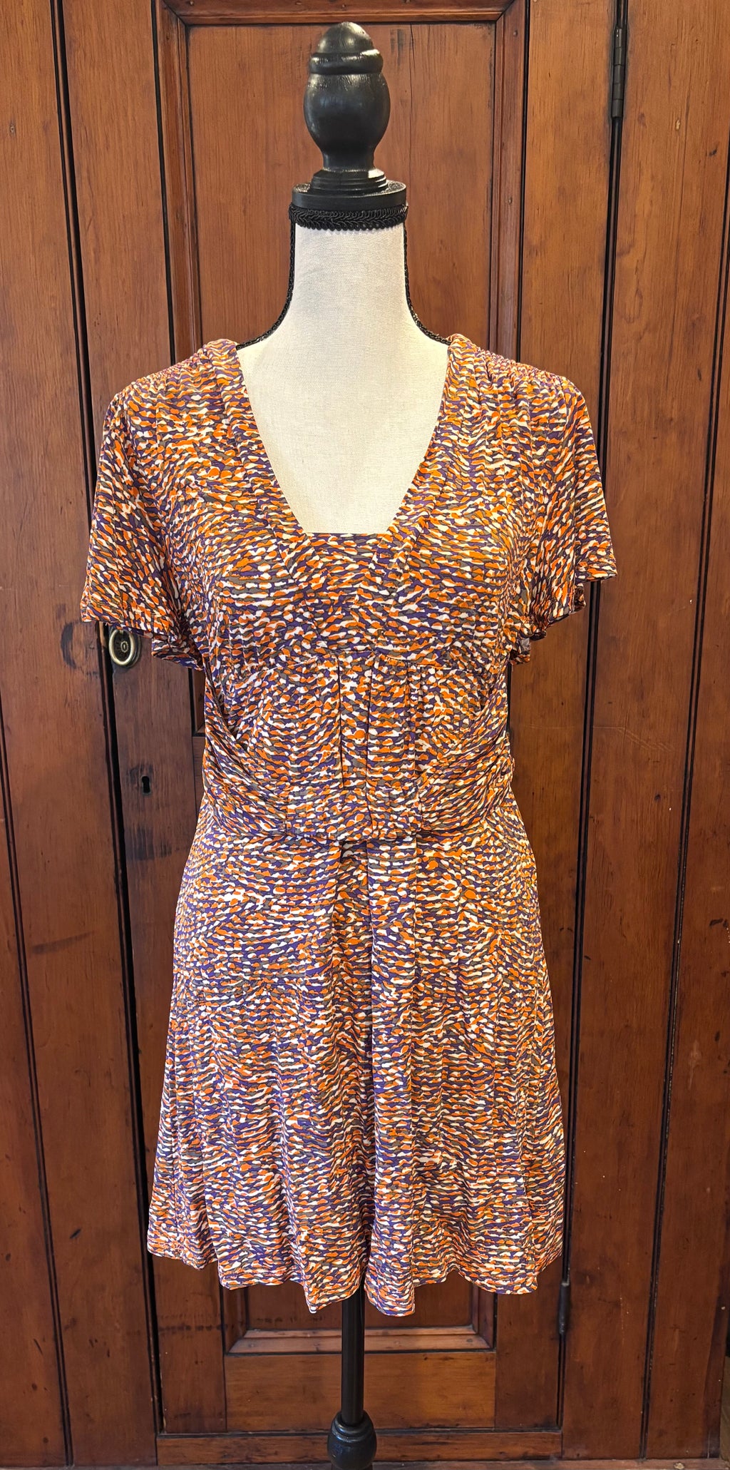Nanette Lepore multicolor print mini dress front view V-neckline short sleeves pre-owned designer dresses Sassy and Chic