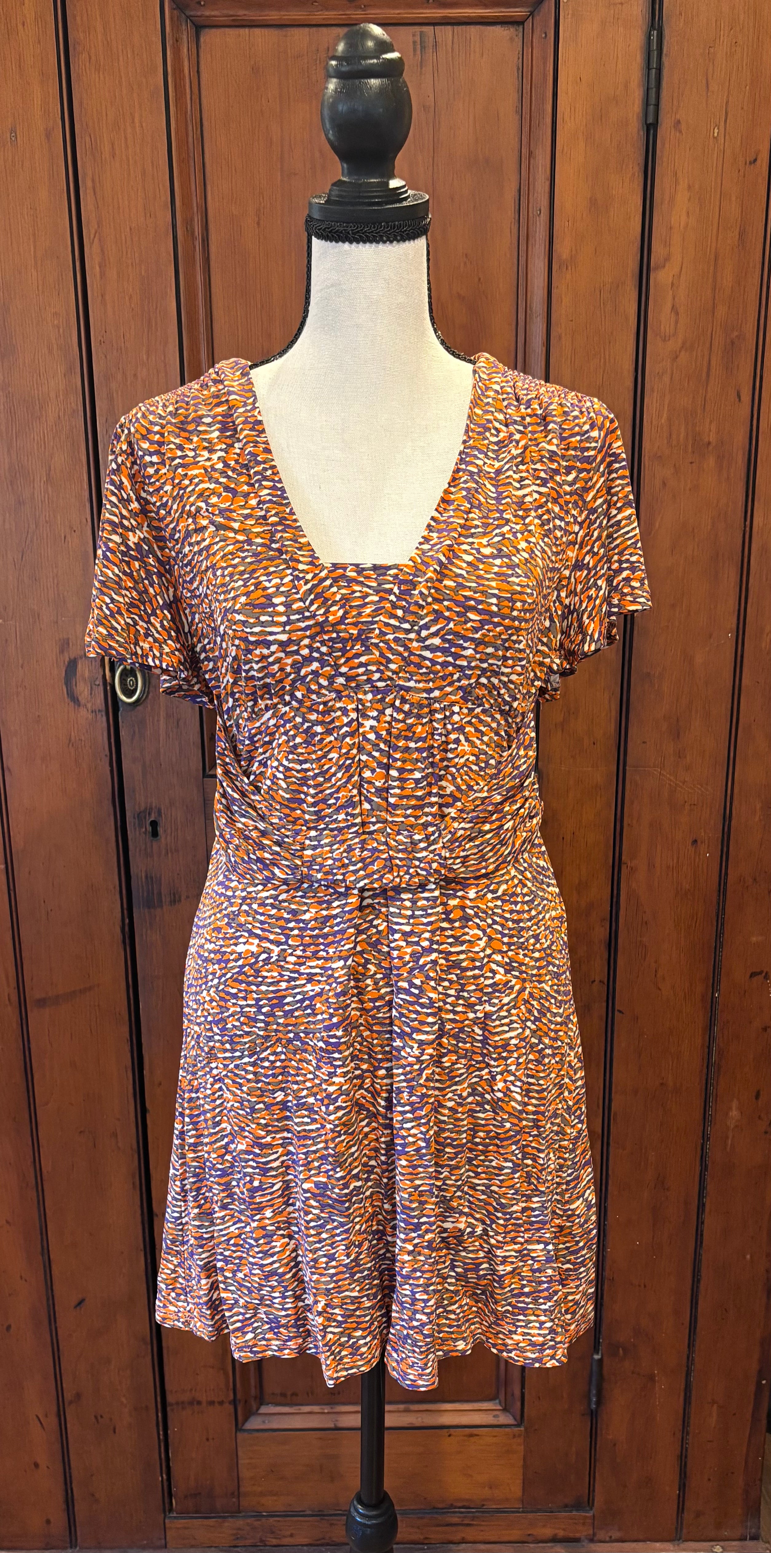 Nanette Lepore multicolor print mini dress front view V-neckline short sleeves pre-owned designer dresses Sassy and Chic