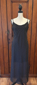 Guess blue polka dot maxi dress front view spaghetti straps thrifted dresses brand new tags Sassy and Chic