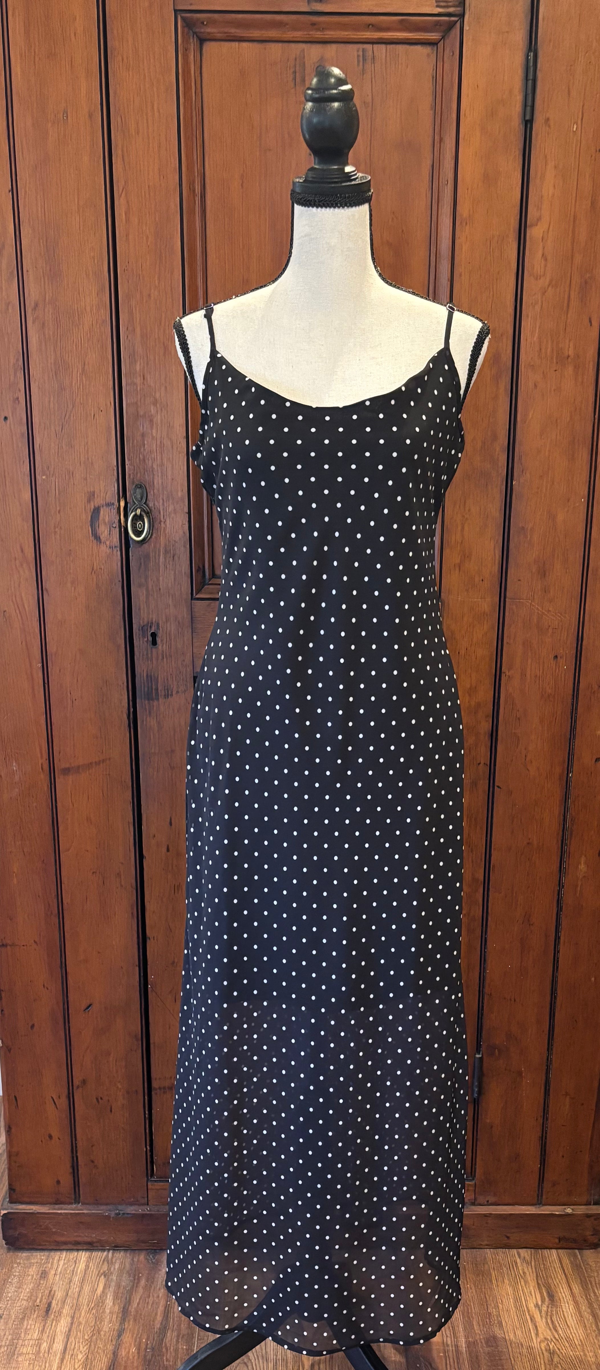 Guess blue polka dot maxi dress front view spaghetti straps thrifted dresses brand new tags Sassy and Chic