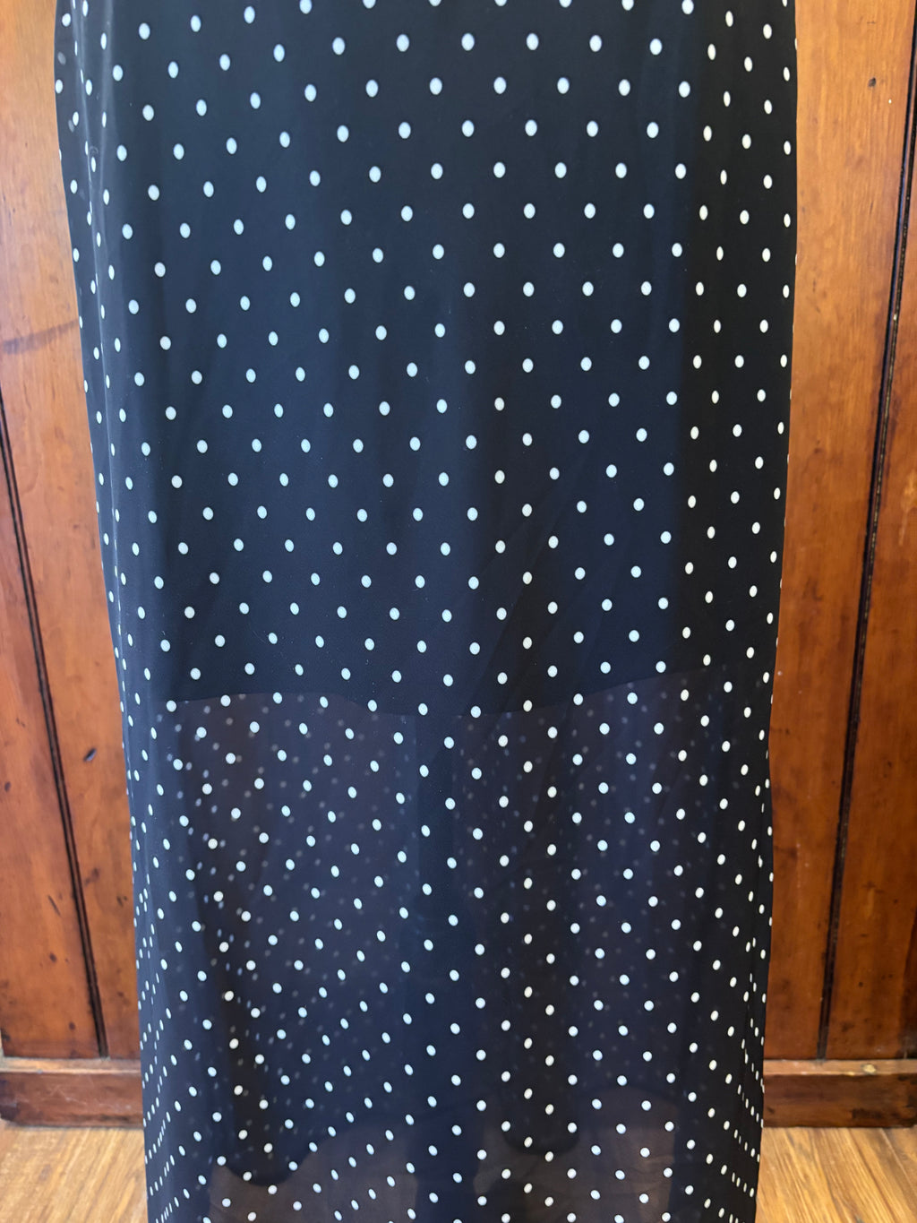 Guess blue polka dot maxi dress detail close up delicate sheer hem romantic touch like new Sassy and Chic