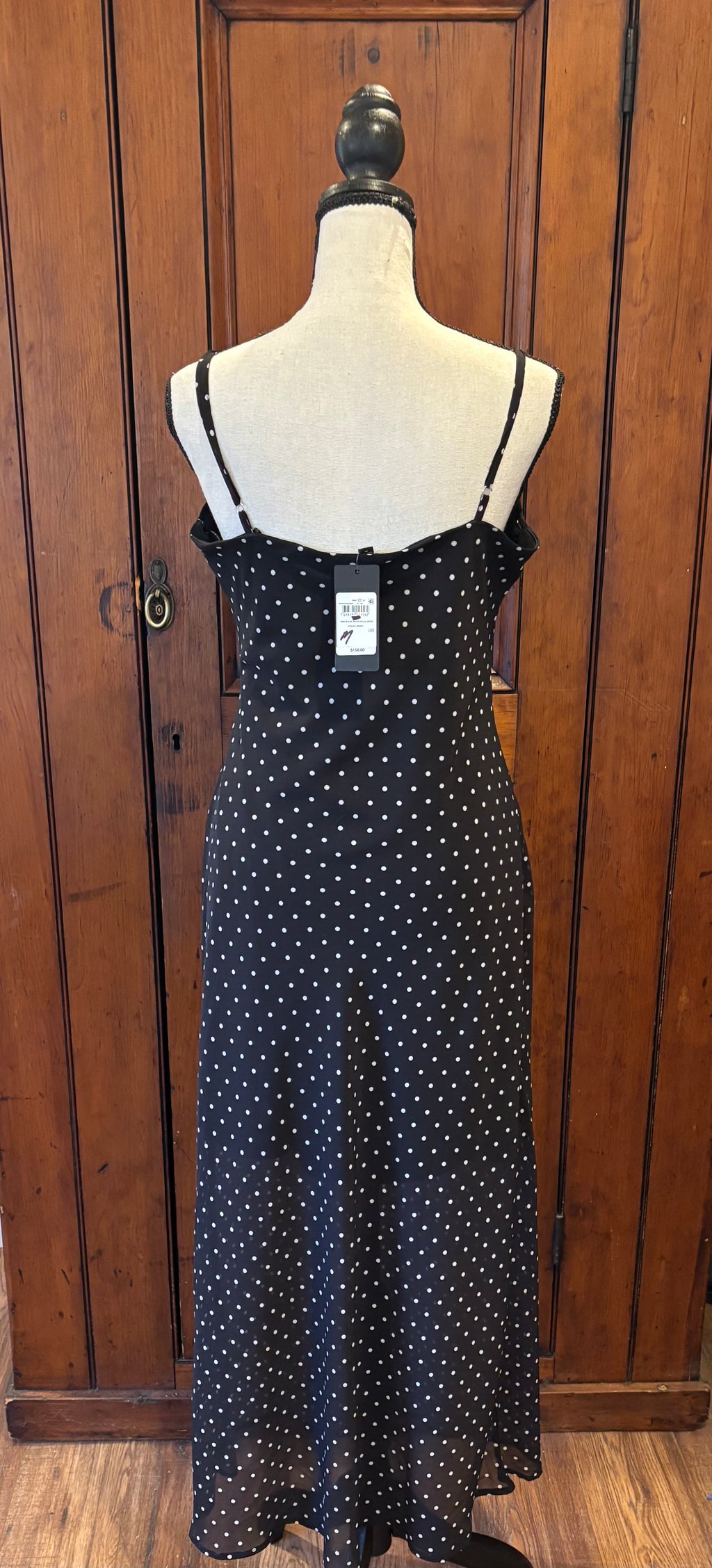 Guess blue polka dot maxi dress back view thrifted dresses brand new with tags Sassy and Chic
