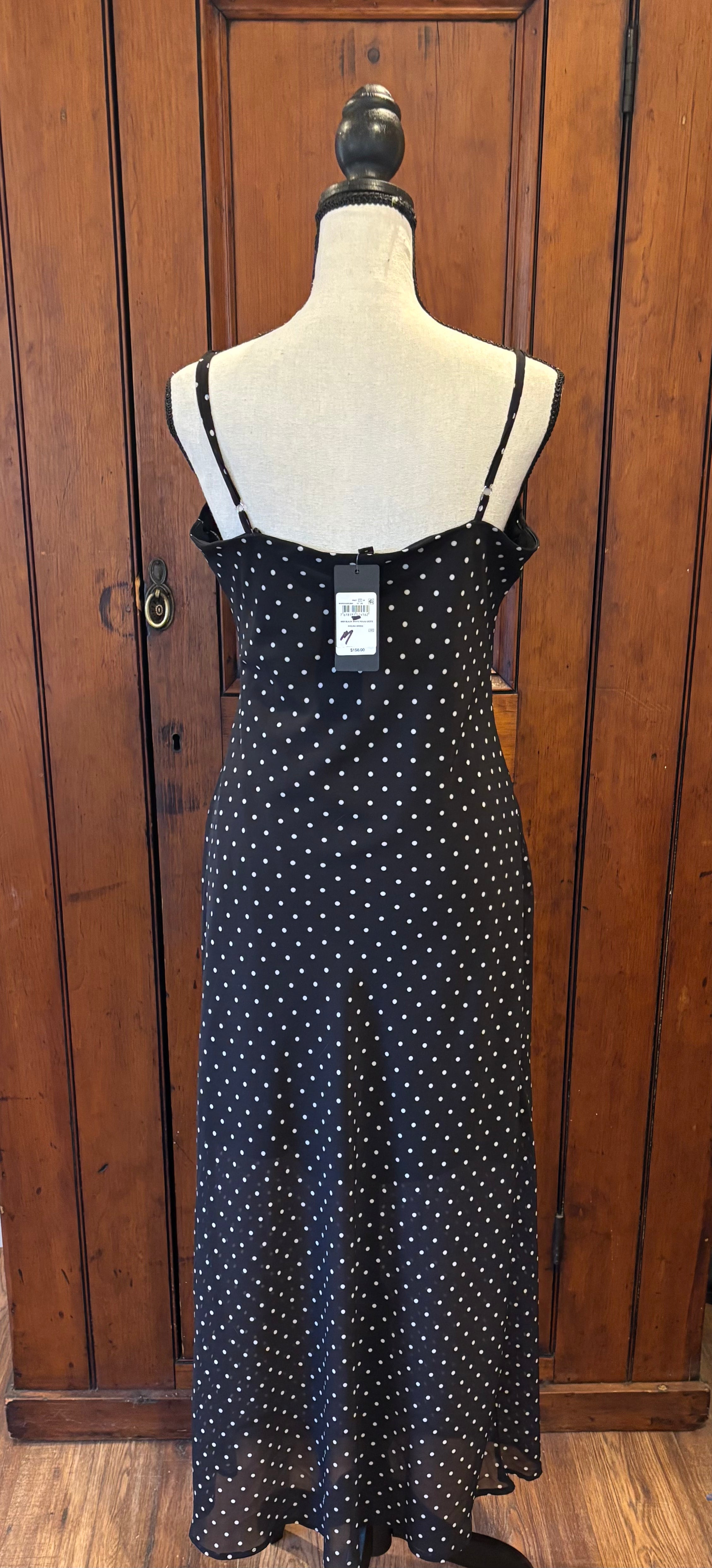 Guess blue polka dot maxi dress back view thrifted dresses brand new with tags Sassy and Chic