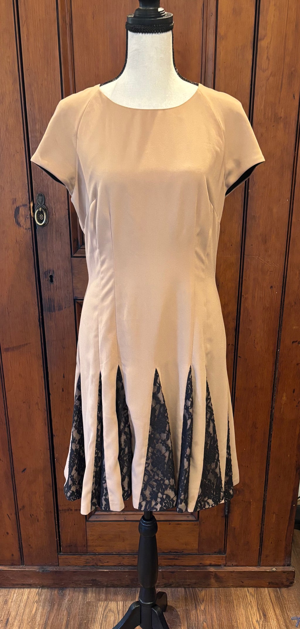 Belle Badgley Mischka beige cocktail dress front view sophisticated silhouette thrifted dresses Sassy and Chic
