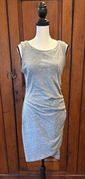 LEITH light grey sleeveless dress front view rich ruching pre-loved dresses like new Sassy and Chic