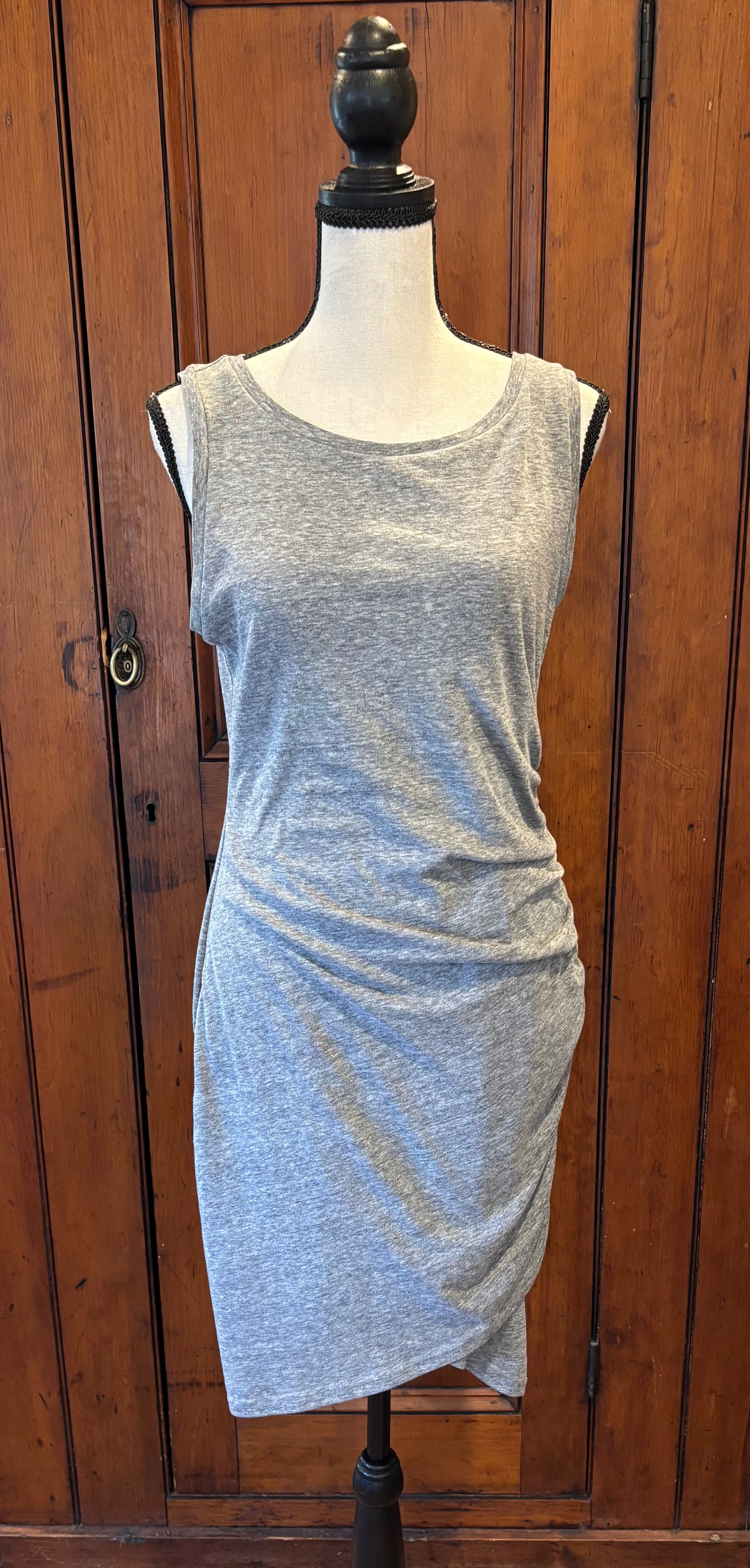 LEITH light grey sleeveless dress front view rich ruching pre-loved dresses like new Sassy and Chic