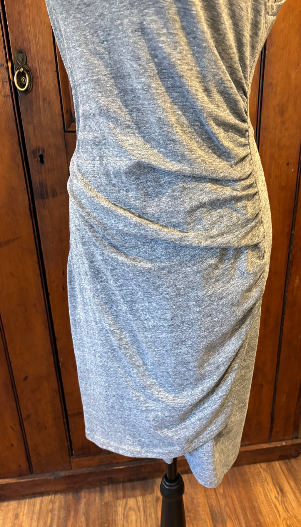 LEITH light grey sleeveless dress detail close up figure flattering ruching like new Sassy and Chic