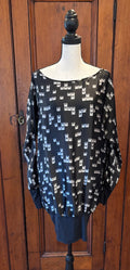 BCBG black grey geometric mini dress front view sheer long sleeve pre-loved designer dresses Sassy and Chic