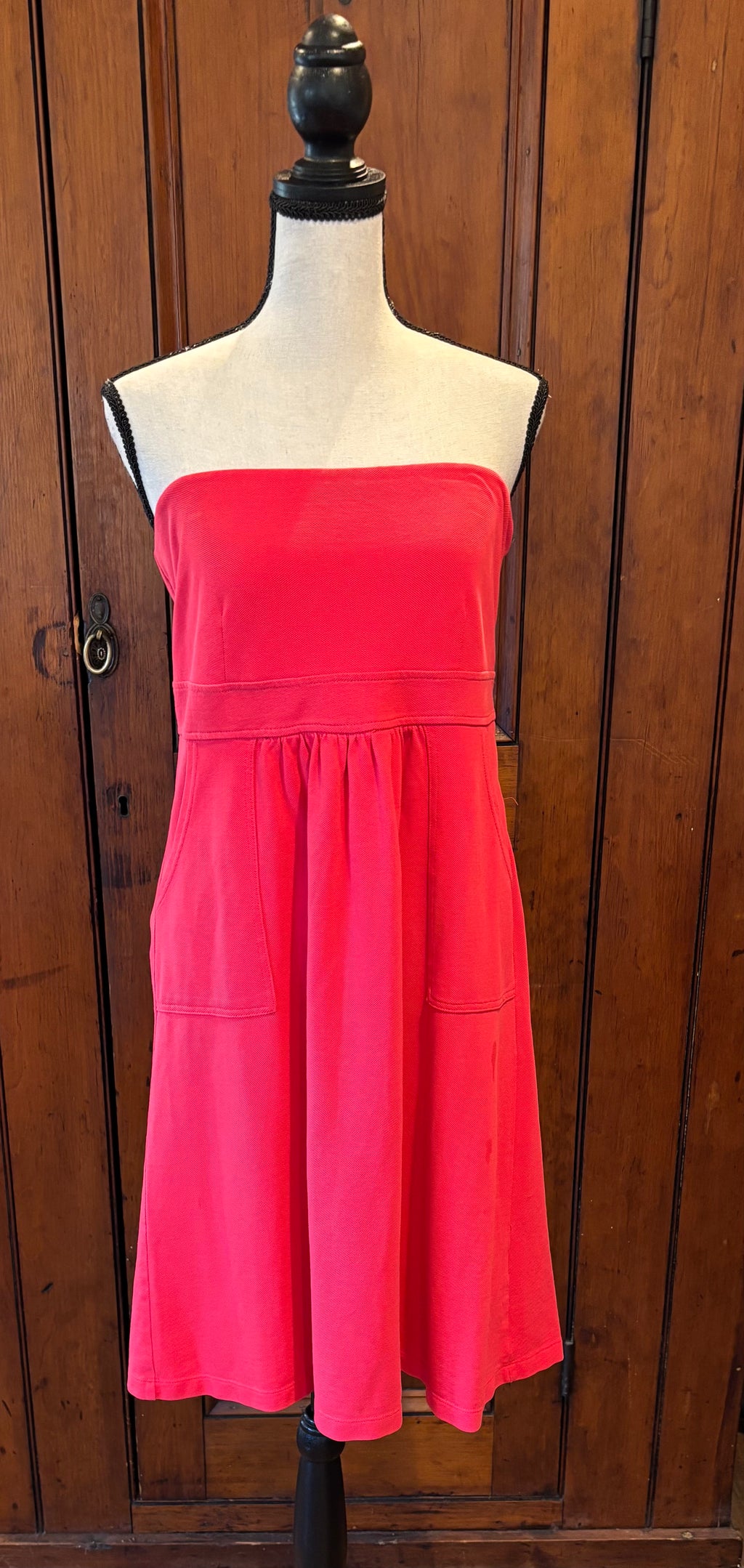 J.Crew pink red strapless fit and flare dress front view pockets thrifted dresses Sassy and Chic