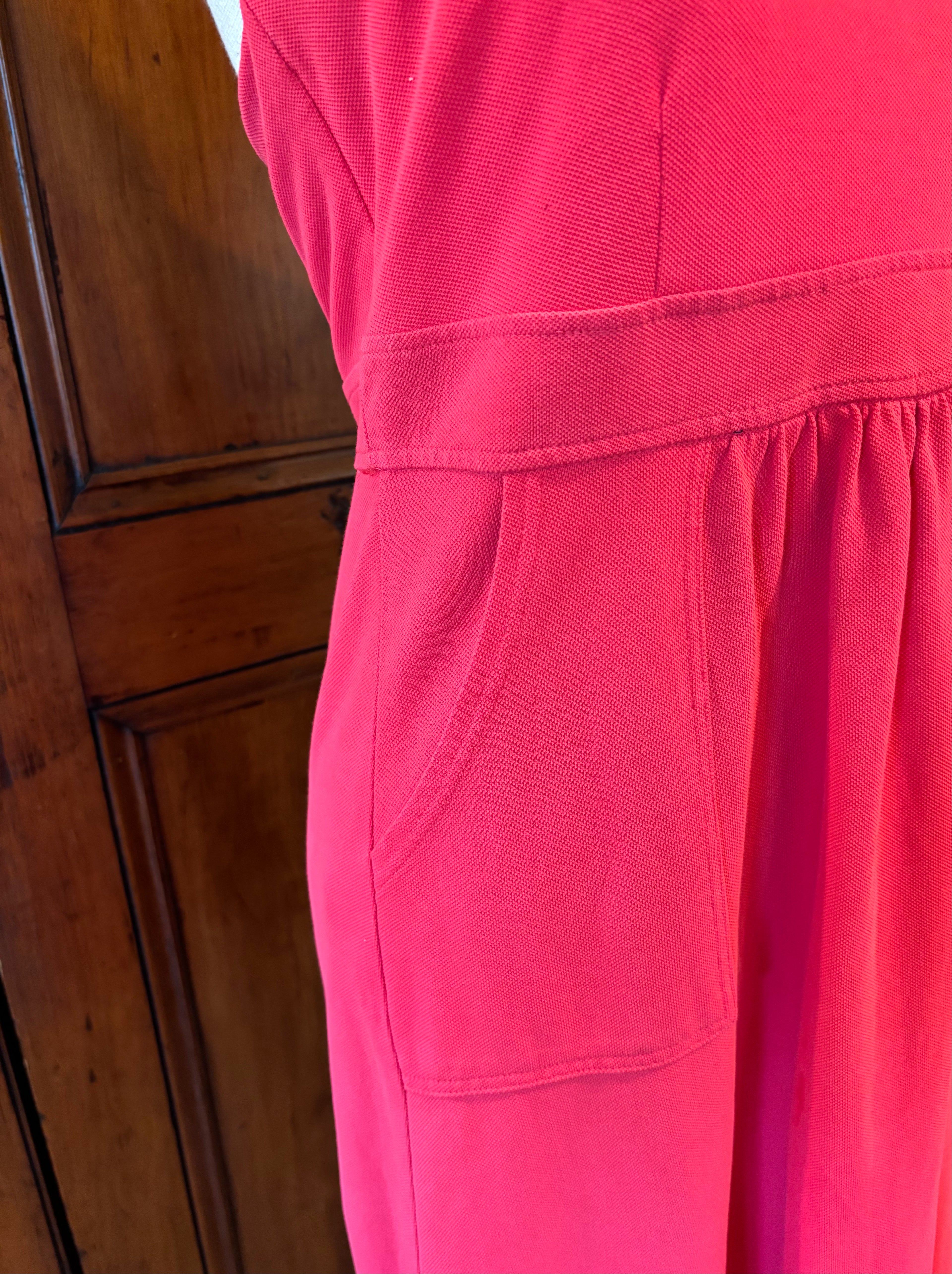 J.Crew pink red strapless fit and flare dress detail close up pretty pinky red hue pockets Sassy and Chic