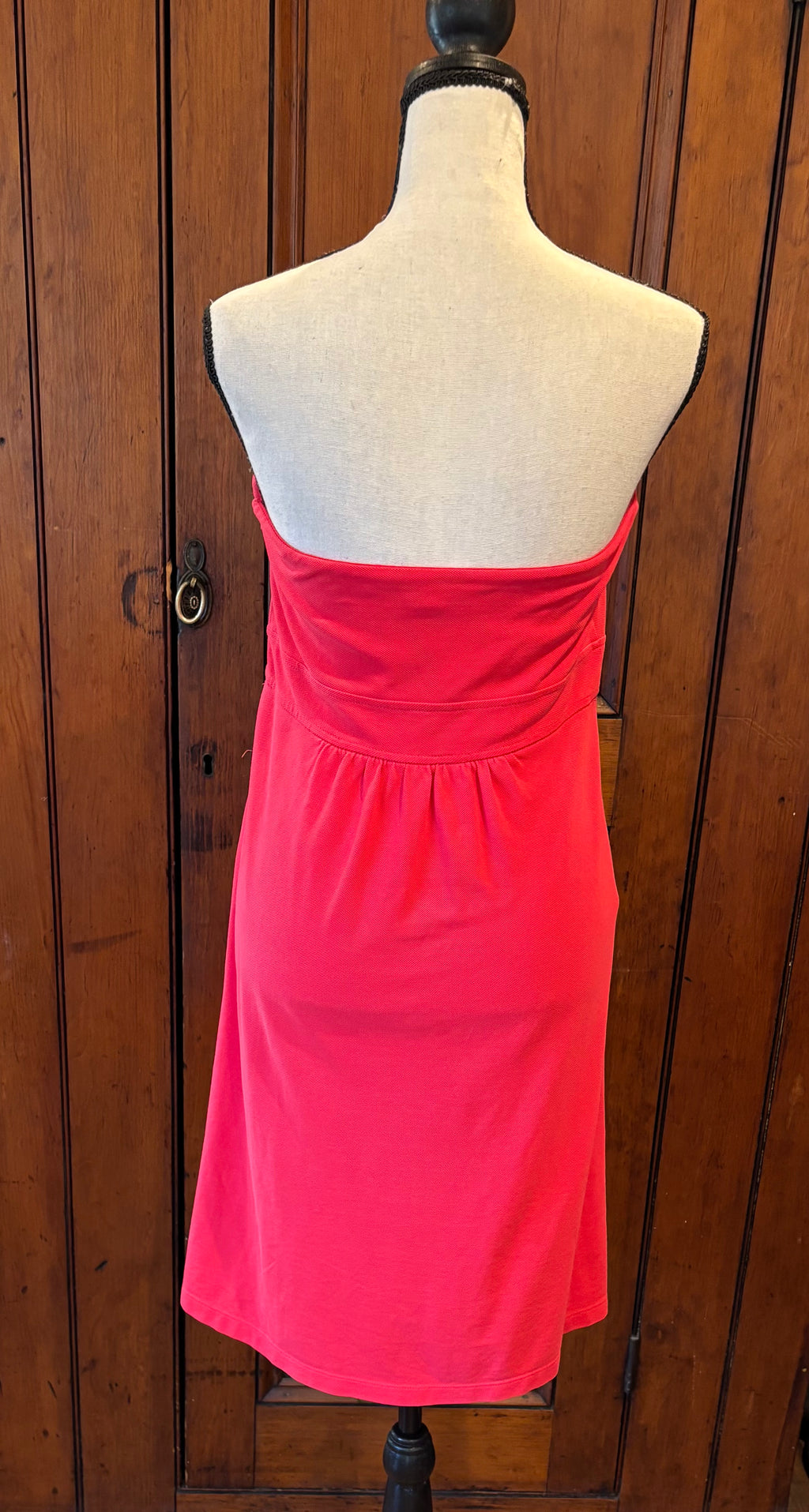 J.Crew pink red strapless fit and flare dress back view thrifted dresses like new Sassy and Chic