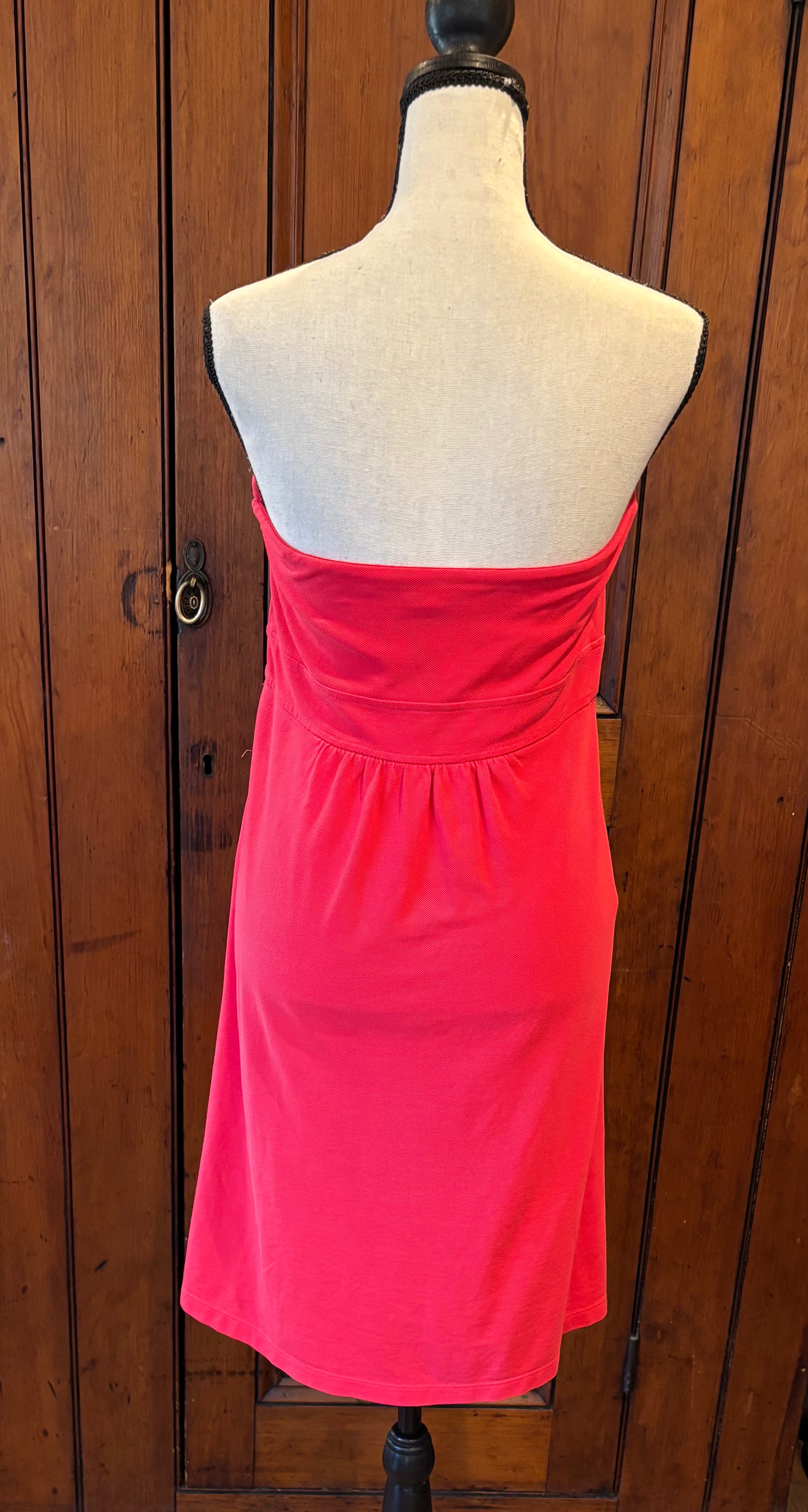 J.Crew pink red strapless fit and flare dress back view thrifted dresses like new Sassy and Chic