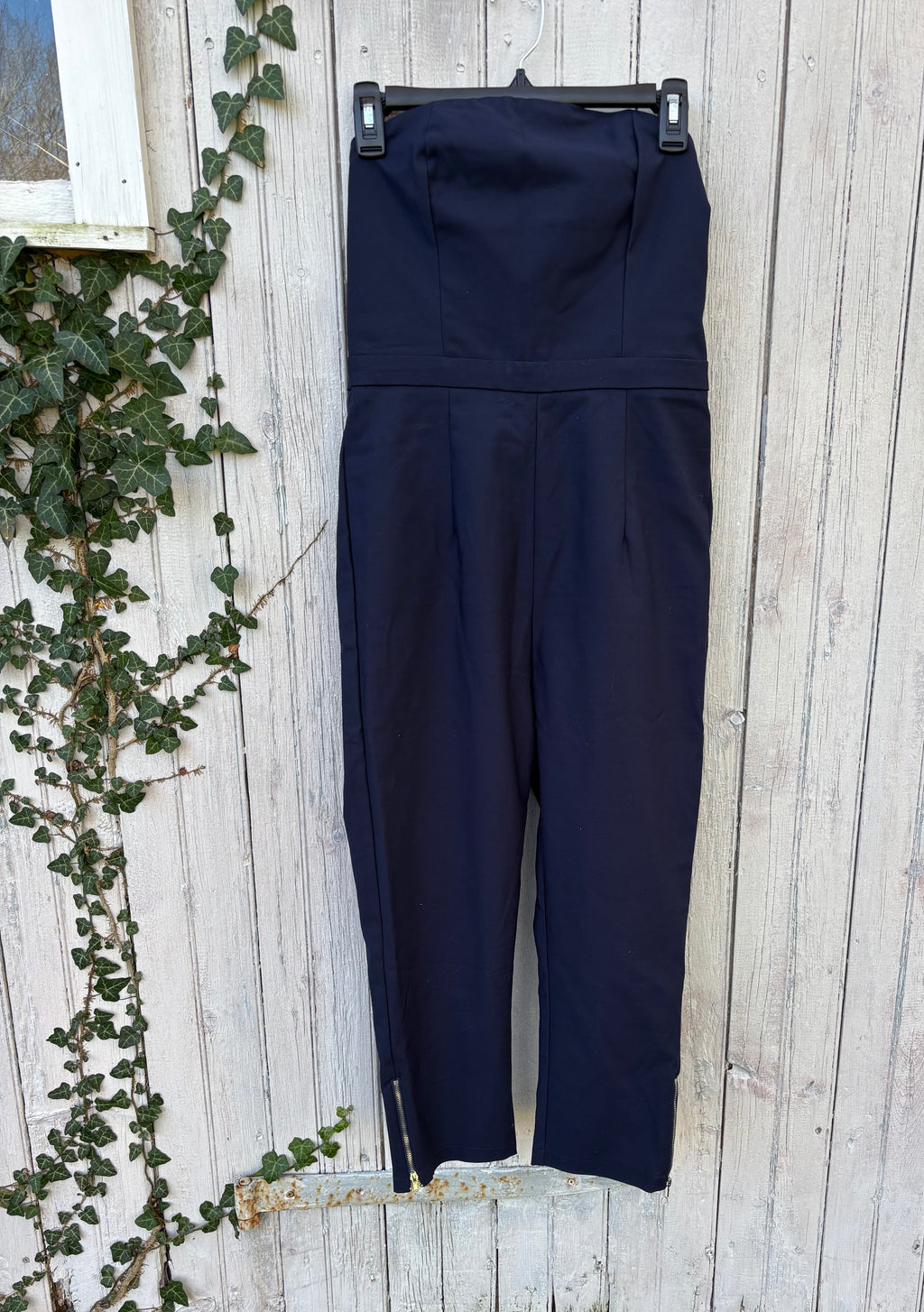 TOBI navy blue strapless jumpsuit front view zipper details secondhand like new jumpsuits Sassy and Chic