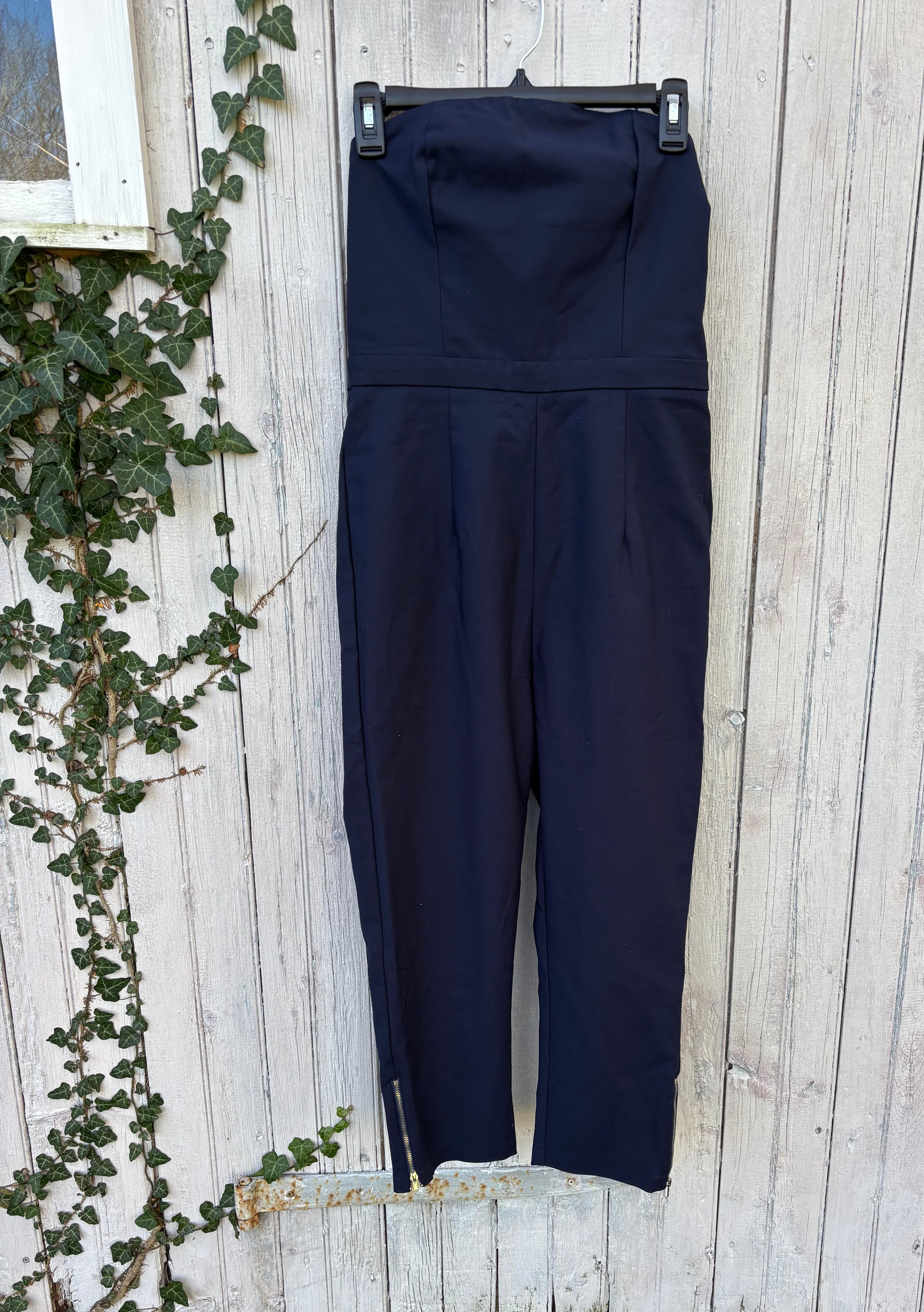 TOBI navy blue strapless jumpsuit front view zipper details secondhand like new jumpsuits Sassy and Chic