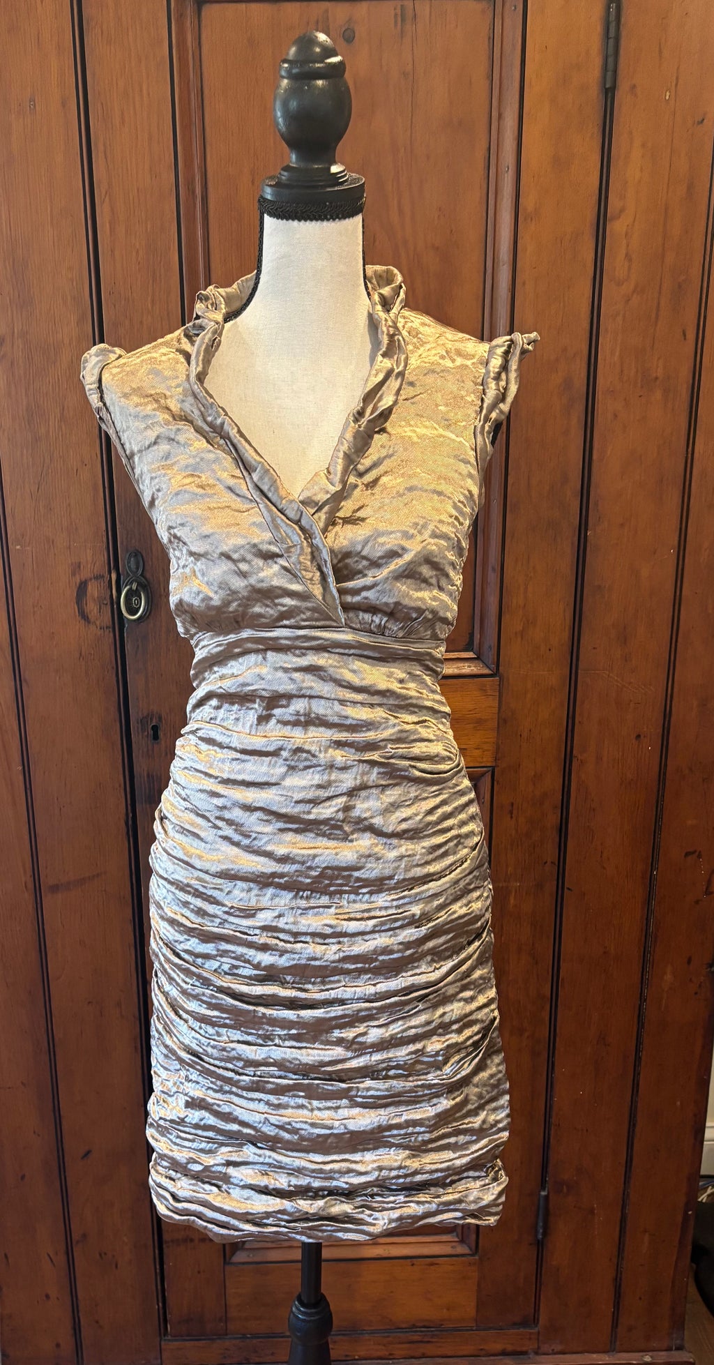 Nicole Miller shiny taupe mini dress front view V-neckline rich ruching pre-owned cocktail dresses Sassy and Chic