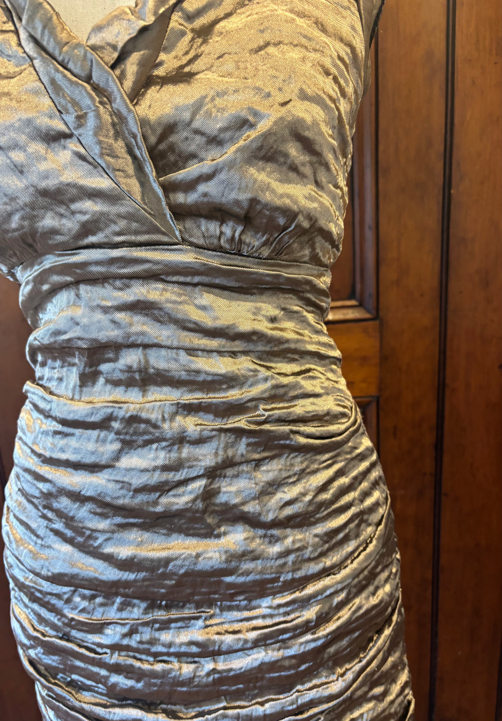 Nicole Miller shiny taupe mini dress detail close up luminous taupe hue rich ruching like new Sassy and Chic