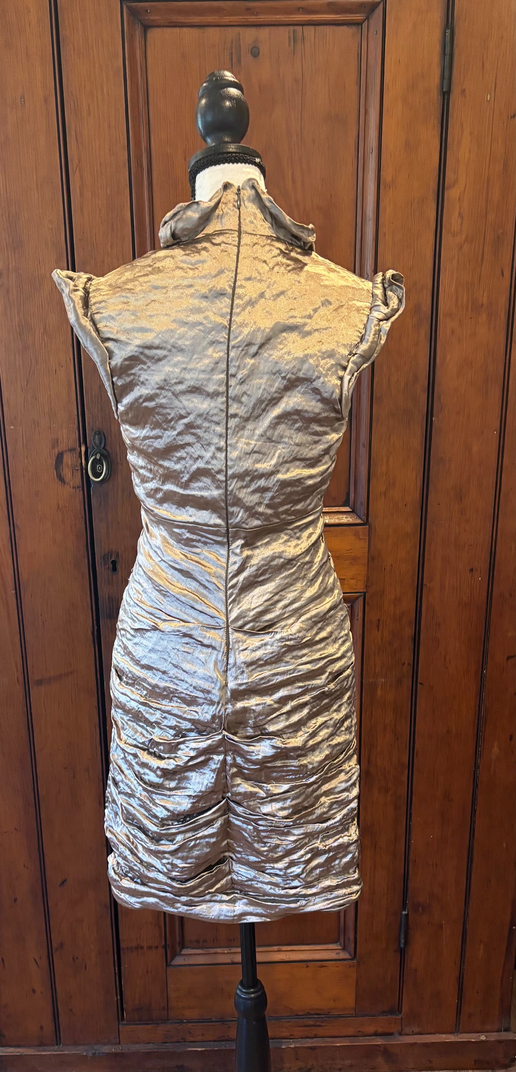 Nicole Miller shiny taupe mini dress back view pre-owned designer cocktail dresses like new Sassy and Chic