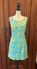 Tibi blue yellow floral sleeveless dress front view knee length silhouette pre-loved designer dresses Sassy and Chic