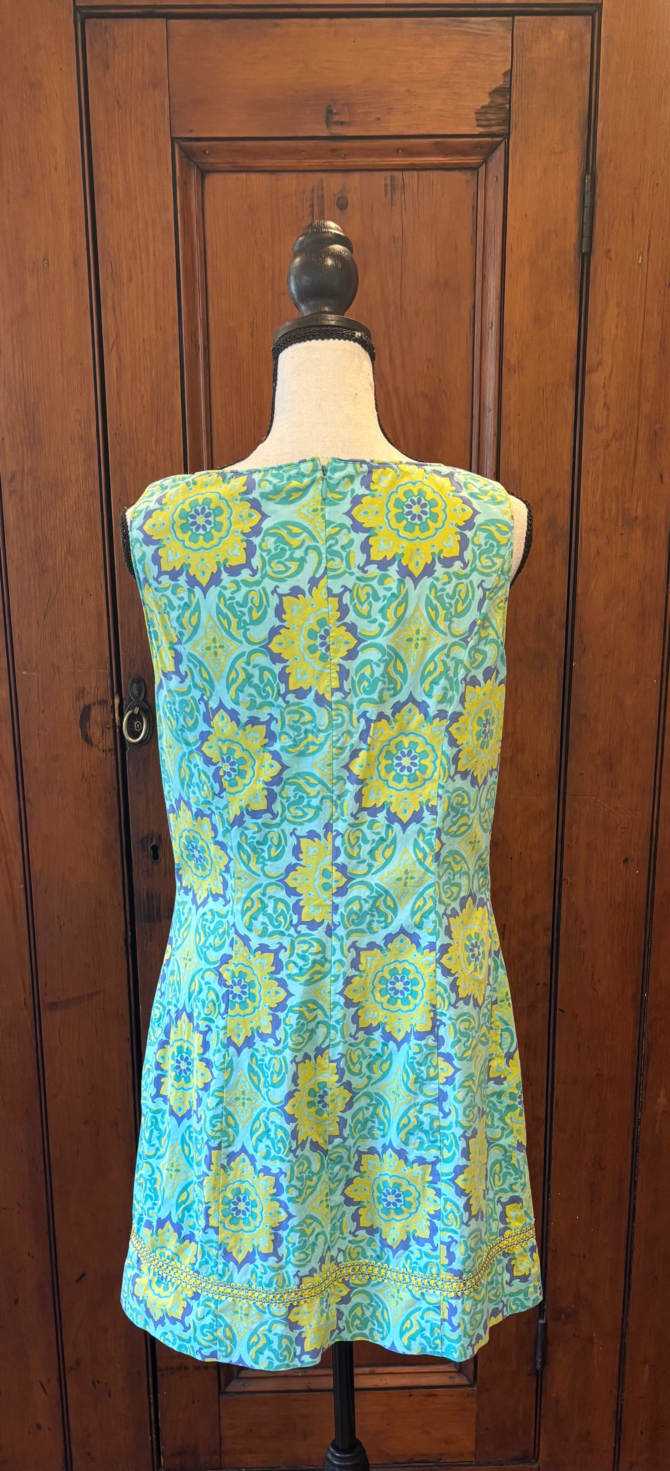 Tibi blue yellow floral sleeveless dress back view pre-loved designer dresses like new Sassy and Chic