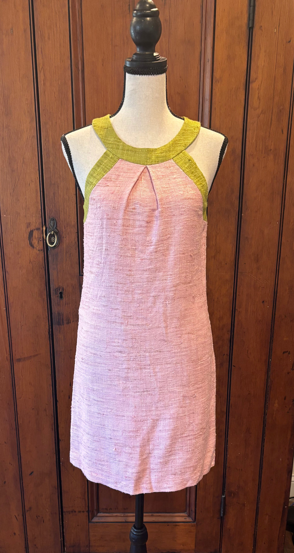 Trina Turk pink gold trim sleeveless dress front view round neckline pre-loved designer dresses Sassy and Chic