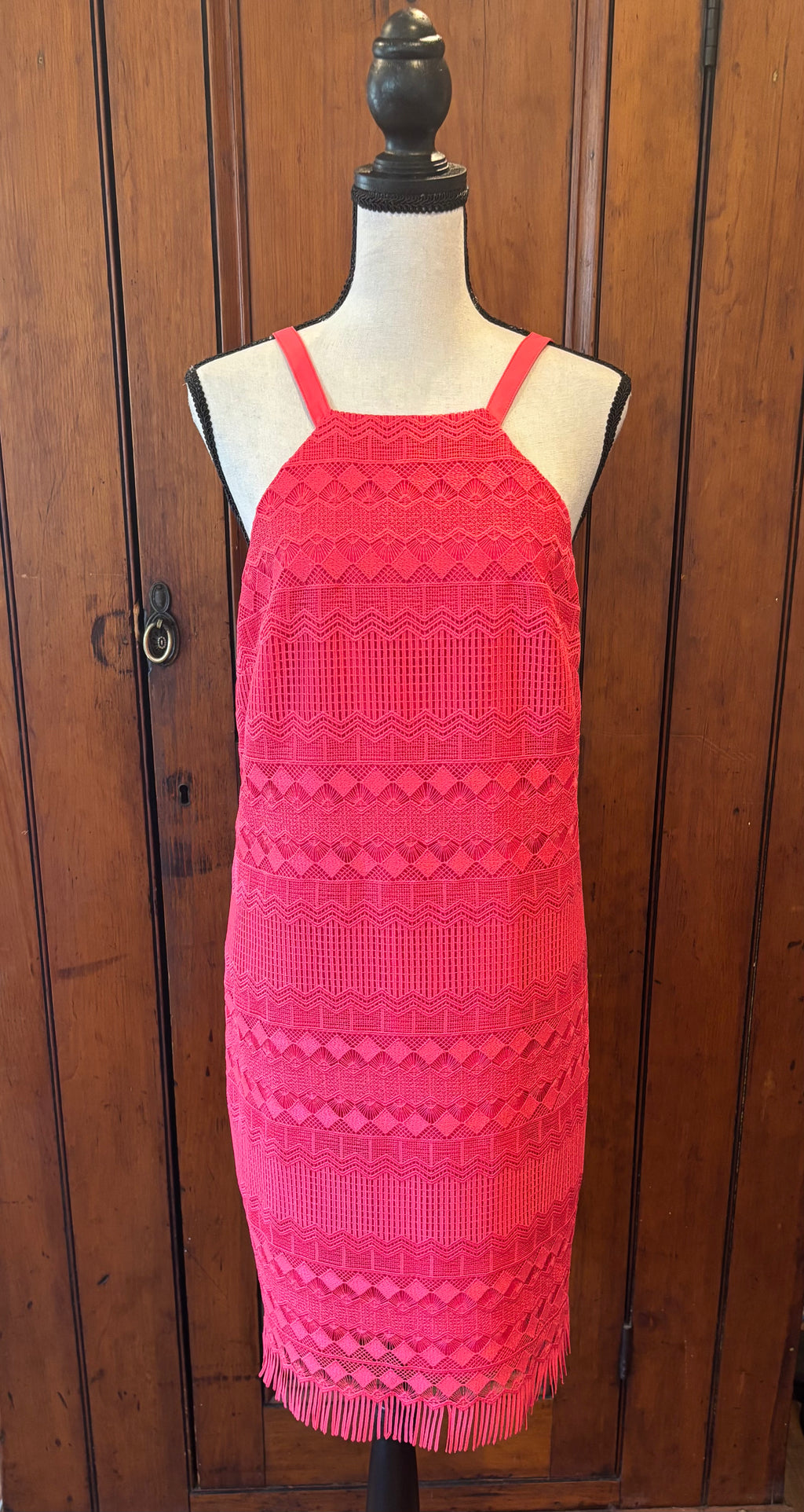 Trina Turk muted red spaghetti strap dress front view fringe hem pre-loved designer cocktail dresses Sassy and Chic