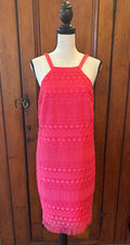 Trina Turk muted red spaghetti strap dress front view fringe hem pre-loved designer cocktail dresses Sassy and Chic
