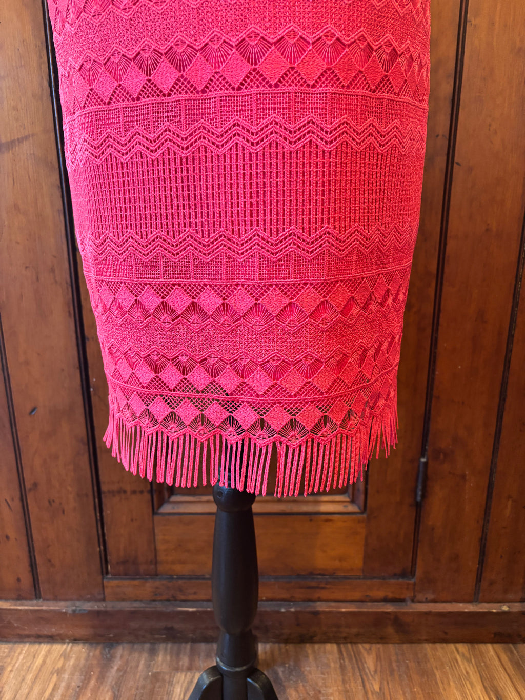 Trina Turk muted red spaghetti strap dress detail close up show stopping fringe hemline like new Sassy and Chic