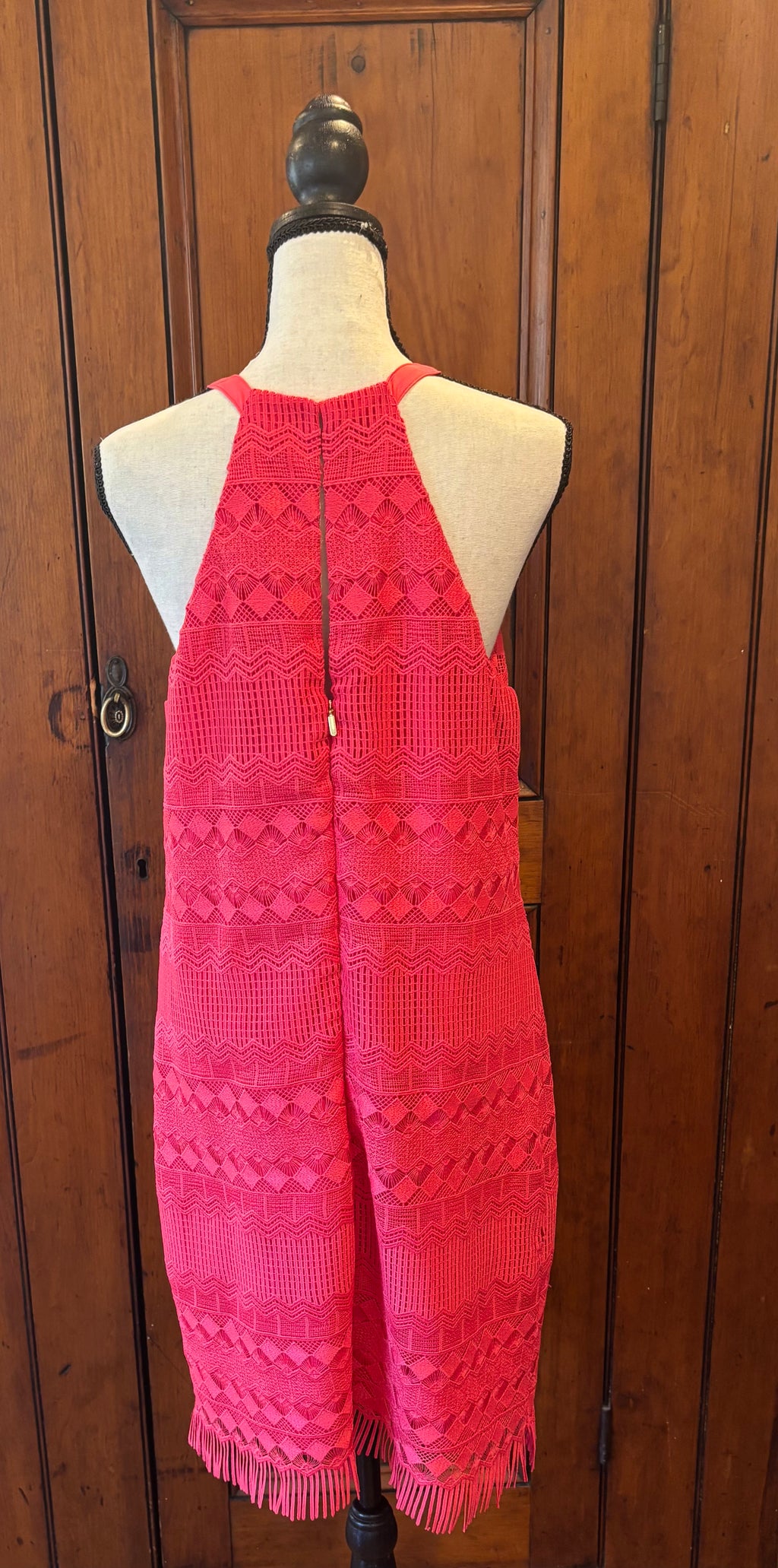 Trina Turk muted red spaghetti strap dress back view pre-loved designer cocktail dresses Sassy and Chic