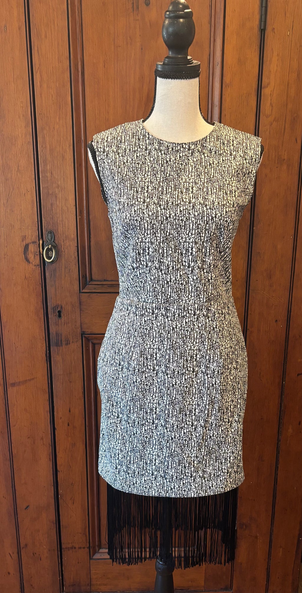Sachin and Babi grey fringe cocktail dress front view sleeveless silhouette pre-owned cocktail dresses Sassy and Chic