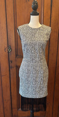 Sachin and Babi grey fringe cocktail dress front view sleeveless silhouette pre-owned cocktail dresses Sassy and Chic