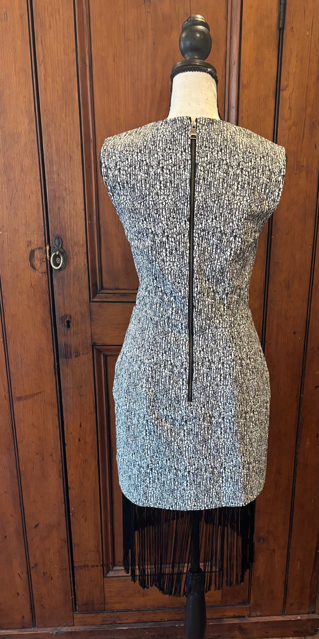Sachin and Babi grey fringe cocktail dress back view pre-owned designer cocktail dresses Sassy and Chic