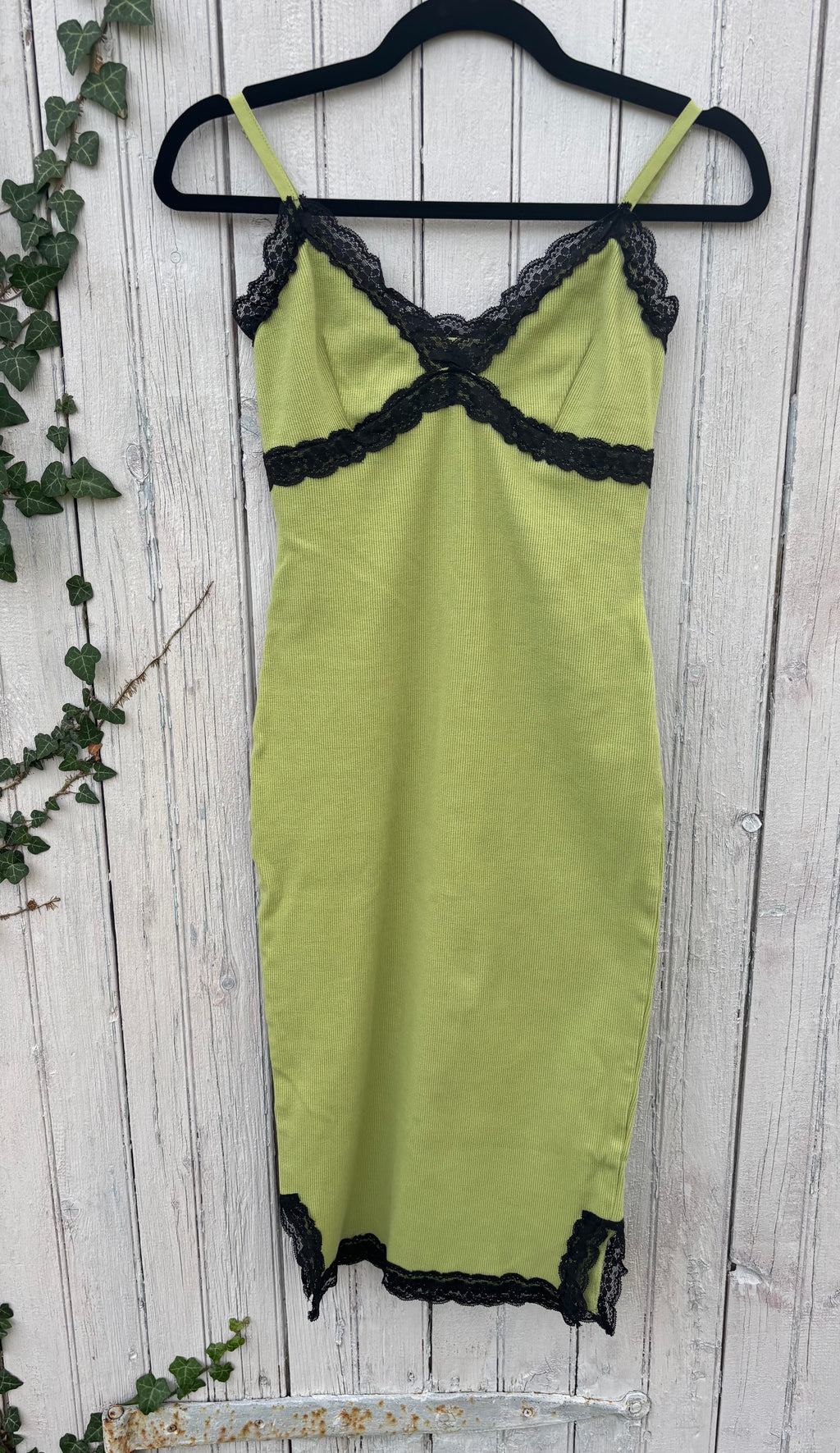 Vince lime green mini dress front view spaghetti straps black lace accents pre-owned designer dresses Sassy and Chic