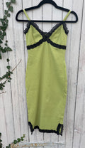 Vince lime green mini dress front view spaghetti straps black lace accents pre-owned designer dresses Sassy and Chic