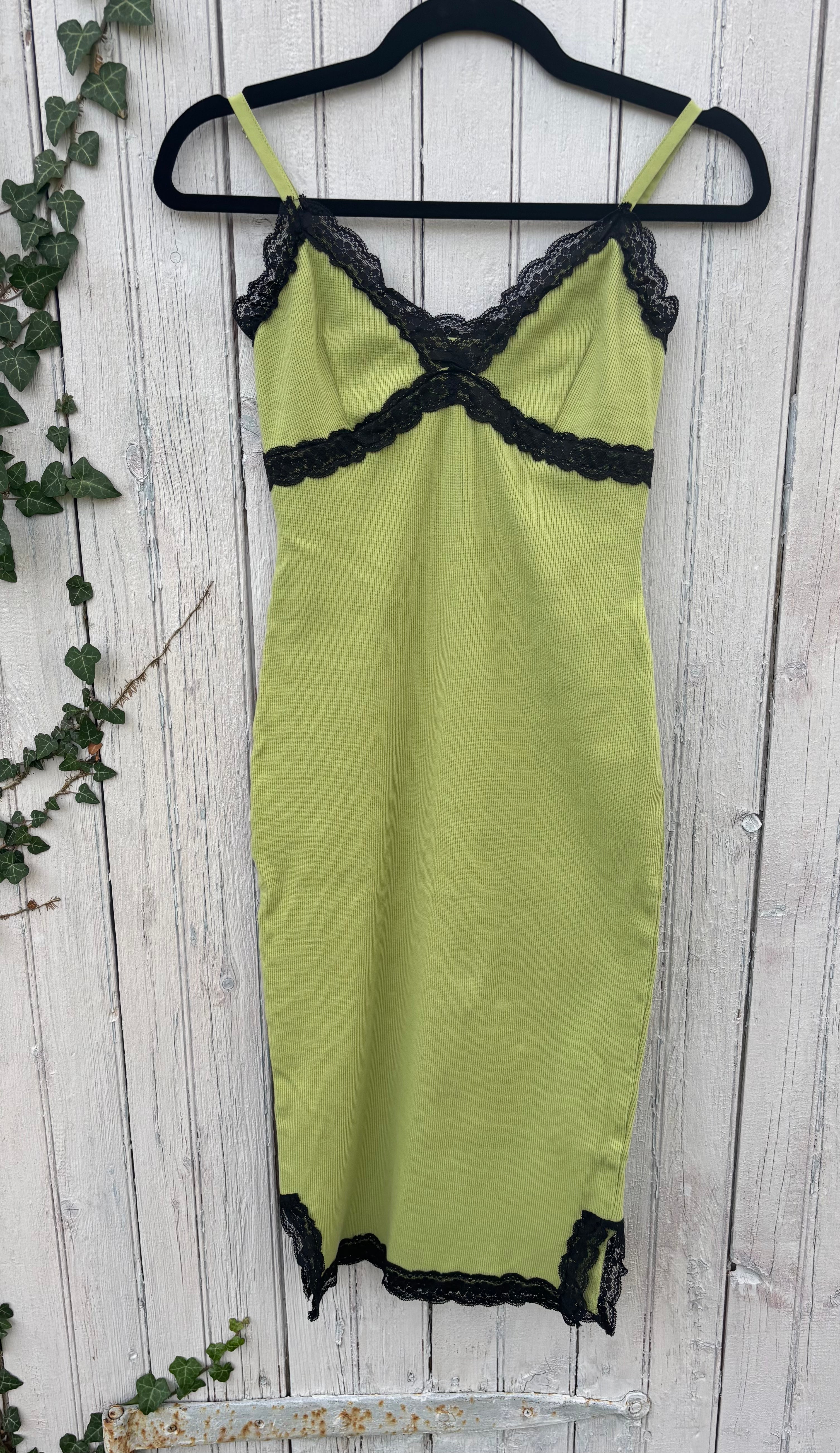 Vince lime green mini dress front view spaghetti straps black lace accents pre-owned designer dresses Sassy and Chic