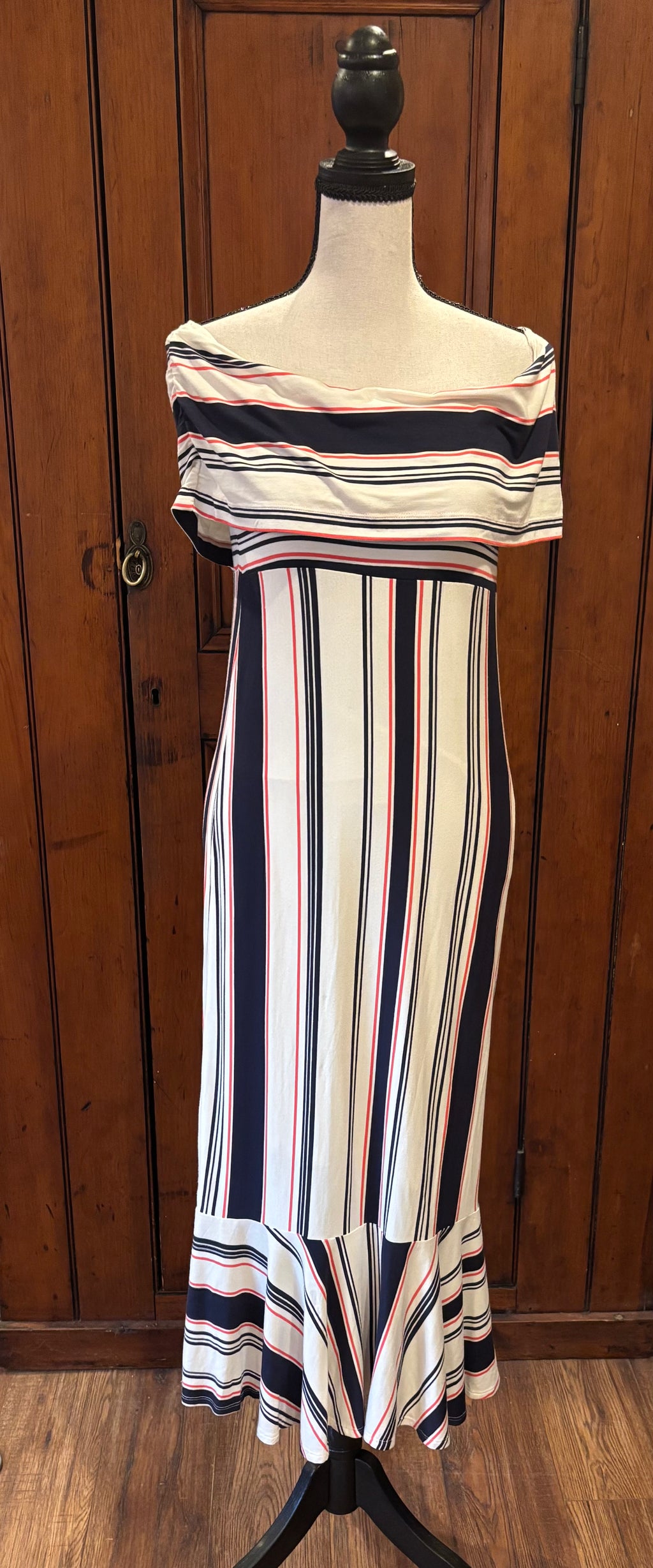 Ella Moss red white blue striped maxi dress front view off shoulder silhouette thrifted designer dresses Sassy and Chic
