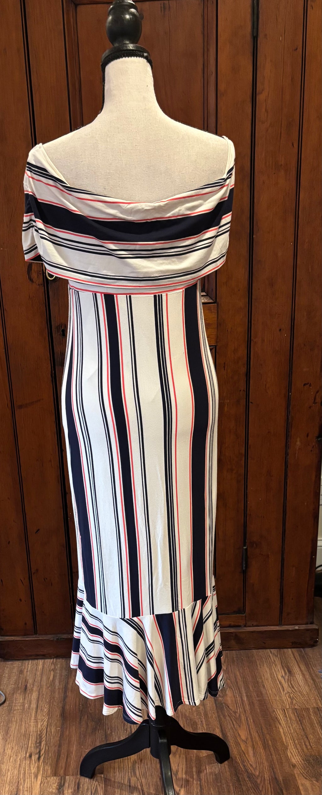Ella Moss red white blue striped maxi dress back view thrifted designer dresses like new Sassy and Chic