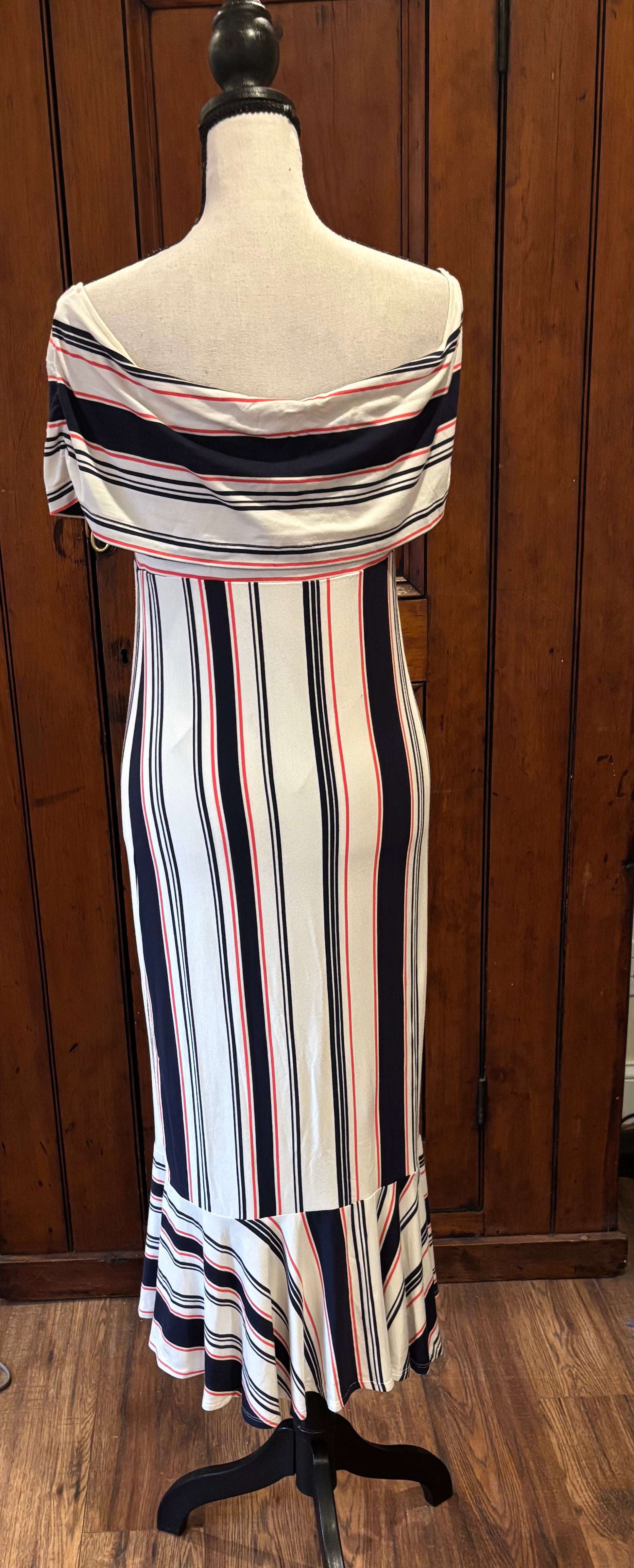 Ella Moss red white blue striped maxi dress back view thrifted designer dresses like new Sassy and Chic