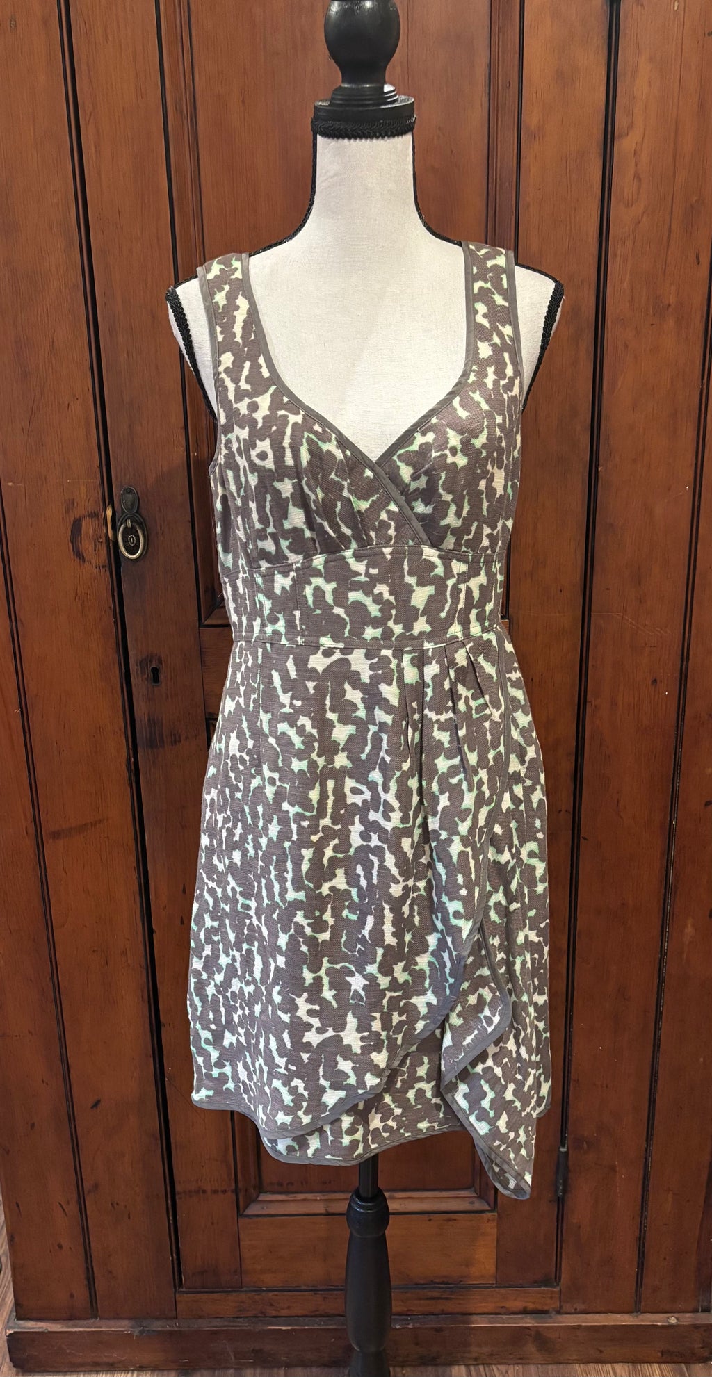 Nanette Lepore taupe animal print mini dress front view V-neckline thin straps pre-loved designer dresses Sassy and Chic