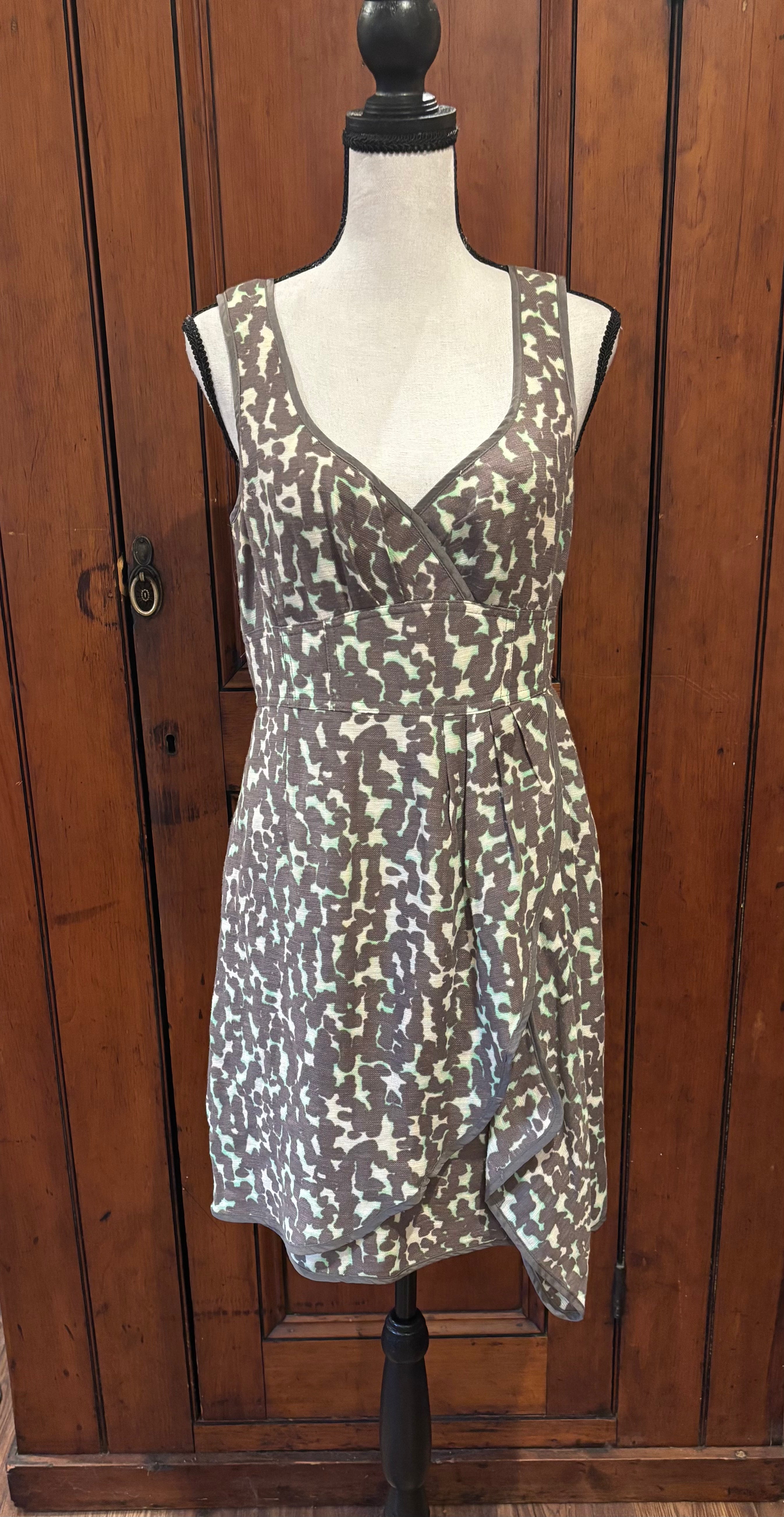 Nanette Lepore taupe animal print mini dress front view V-neckline thin straps pre-loved designer dresses Sassy and Chic