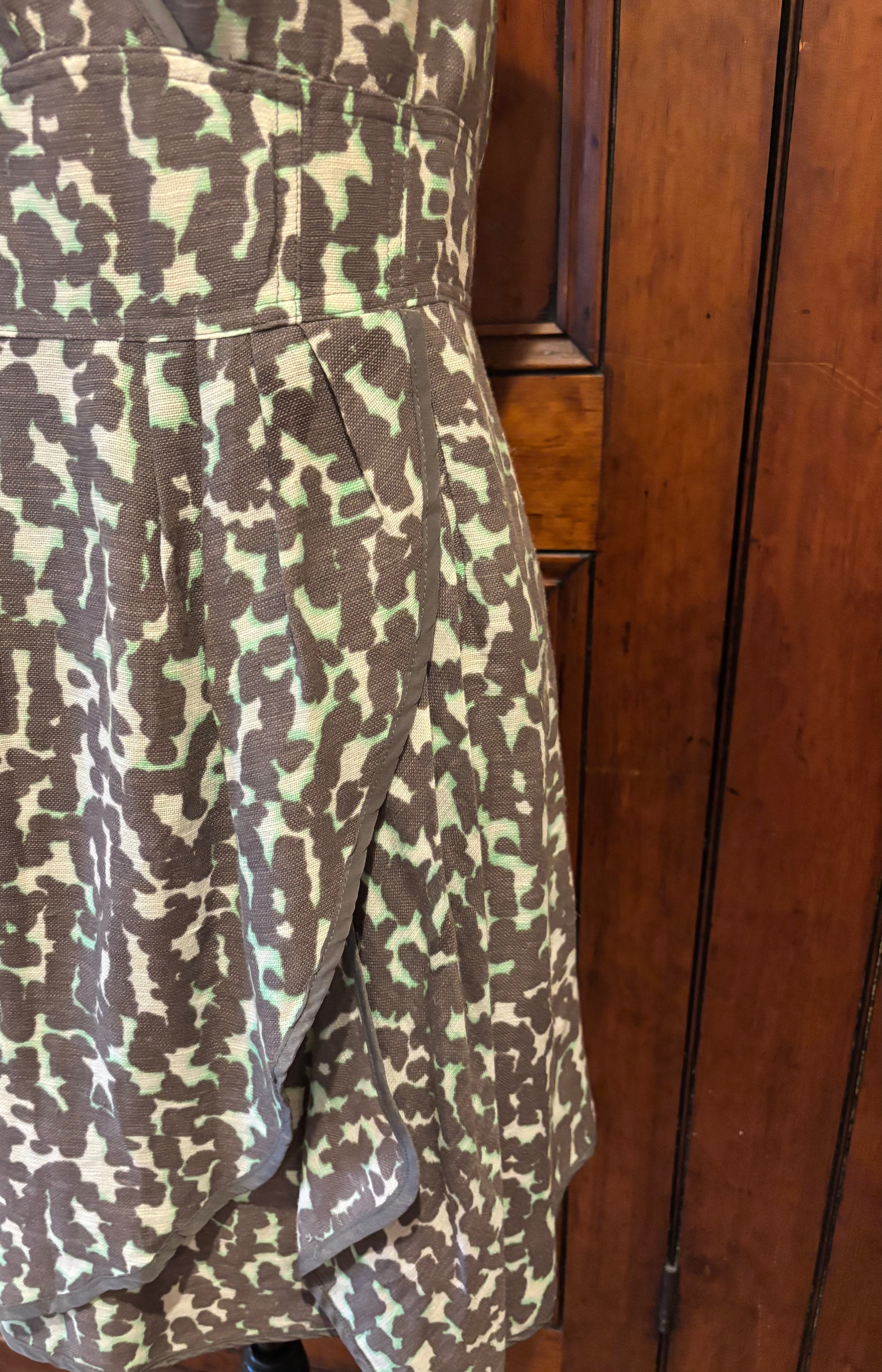 Nanette Lepore taupe animal print mini dress detail close up beautiful pleats draped skirt like new Sassy and Chic
