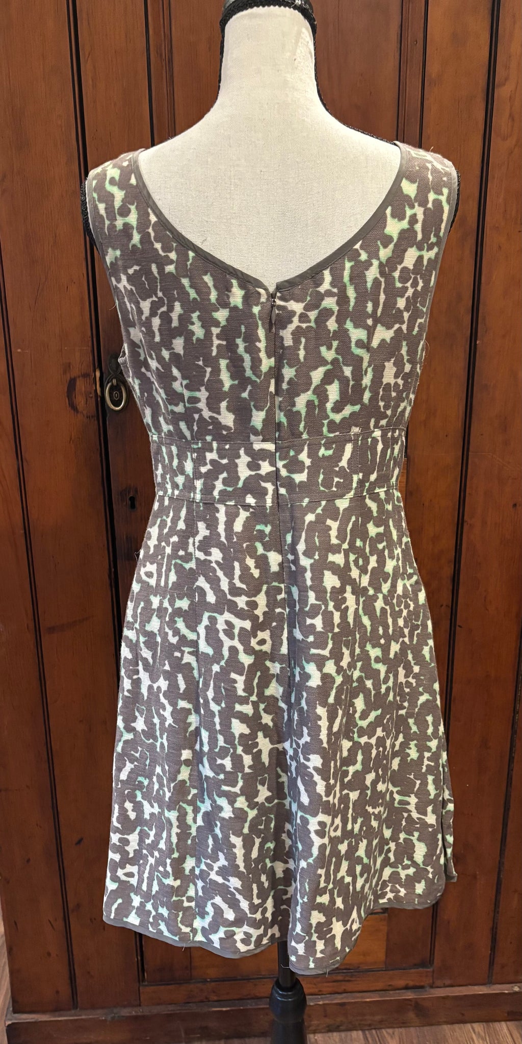 Nanette Lepore taupe animal print mini dress back view pre-loved designer dresses like new Sassy and Chic