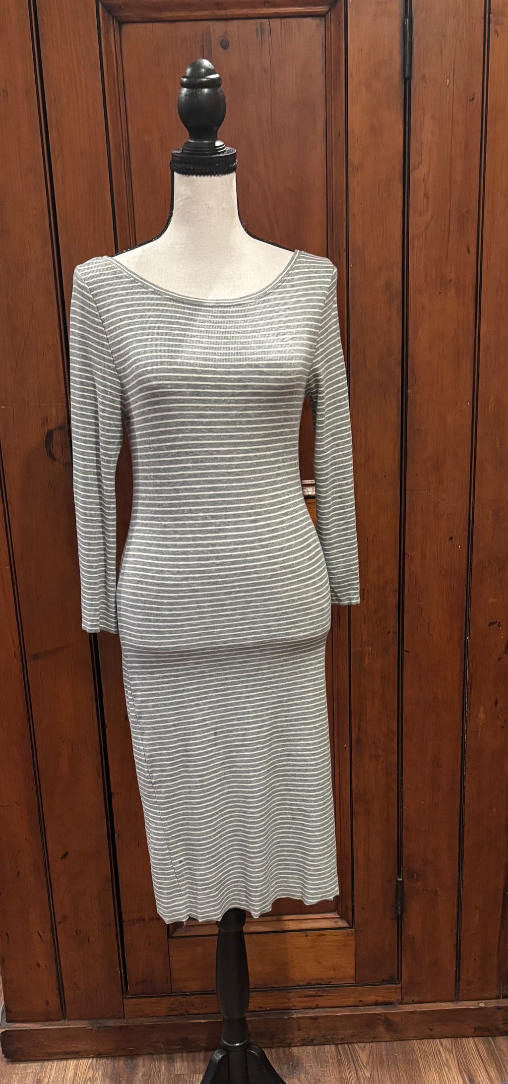 BCBG grey striped fitted midi dress front view sleek silhouette thrifted designer dresses like new Sassy and Chic