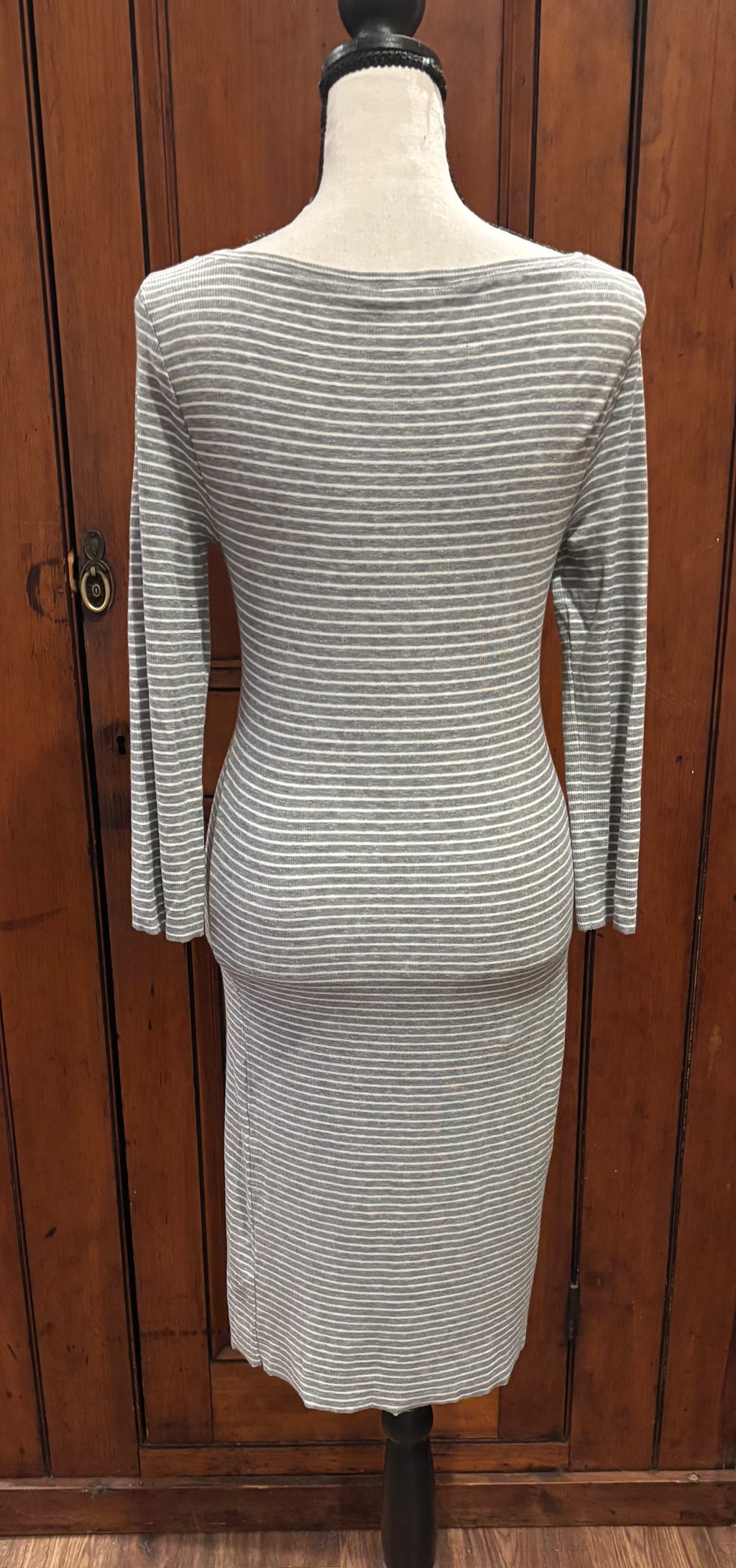 BCBG grey striped fitted midi dress back view thrifted designer dresses like new Sassy and Chic