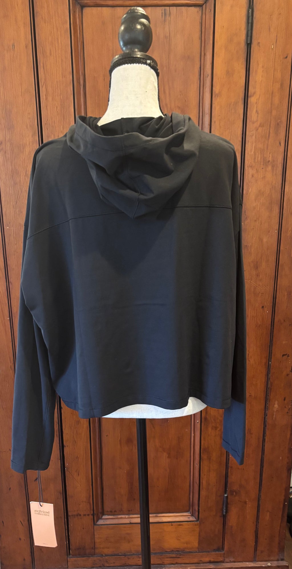 Girlfriend Collective black pullover hoodie back view pre-loved sweatshirts brand new tags Sassy and Chic