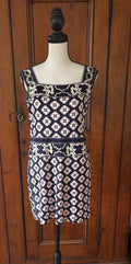 DVF blue pink cream geometric mini dress front view square neckline wide straps thrifted designer dresses Sassy and Chic