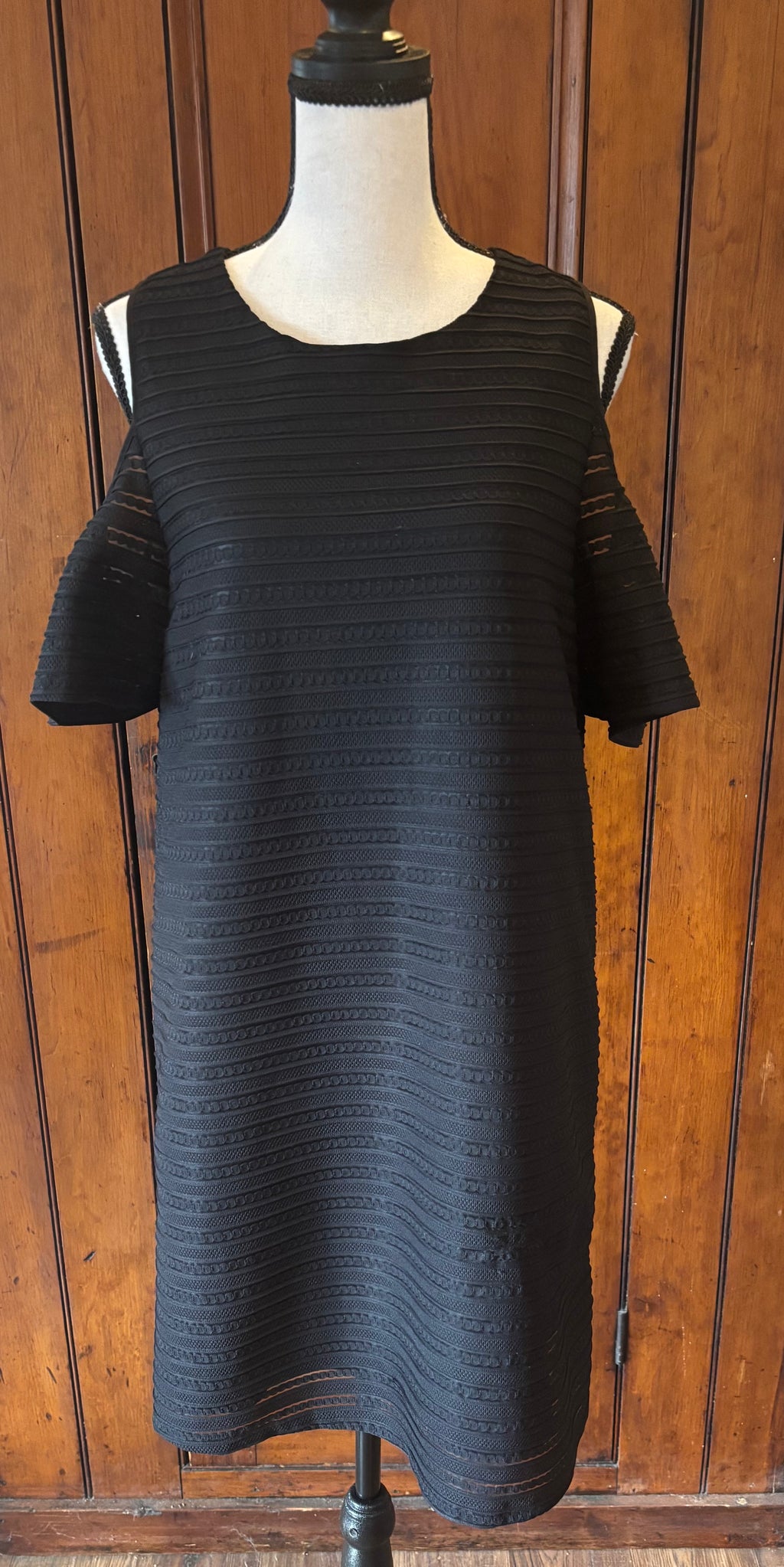 Cynthia Steffe black short sleeve dress front view peekaboo shoulders pre-loved dresses Sassy and Chic