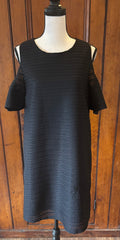 Cynthia Steffe black short sleeve dress front view peekaboo shoulders pre-loved dresses Sassy and Chic