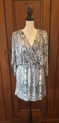 Parker grey white print mini dress front view V-neckline cinched waist pre-loved dresses Sassy and Chic